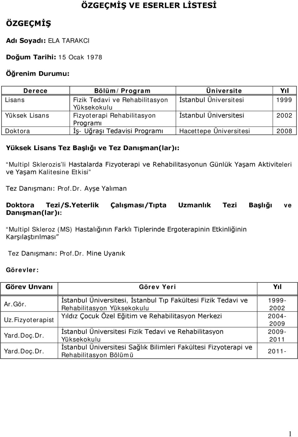 Danışman(lar)ı: Multipl Sklerozis li Hastalarda Fizyoterapi ve Rehabilitasyonun Günlük Yaşam Aktiviteleri ve Yaşam Kalitesine Etkisi Tez Danışmanı: Prof.Dr. Ayşe Yalıman Doktora Tezi/S.