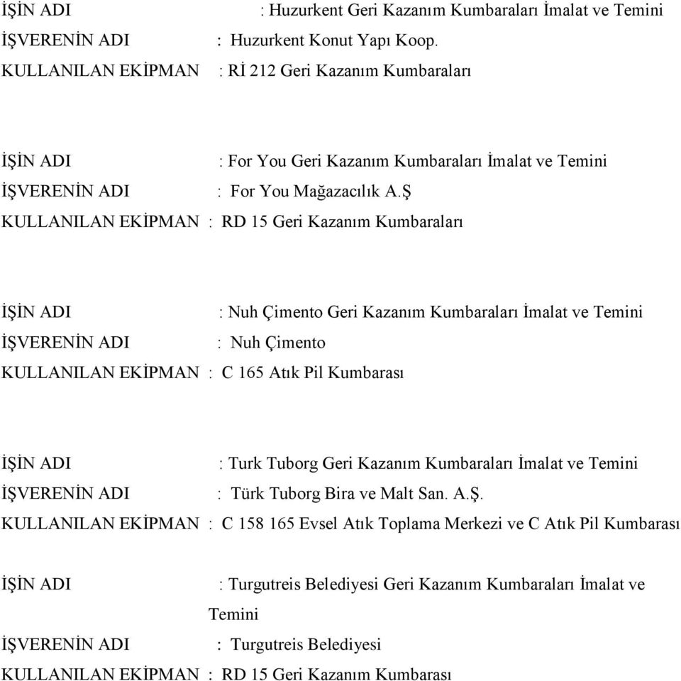 Ş KULLANILAN EKİPMAN : RD 15 Geri Kazanım Kumbaraları : Nuh Çimento Geri Kazanım Kumbaraları İmalat ve Temini : Nuh Çimento KULLANILAN EKİPMAN : C 165 Atık Pil Kumbarası :