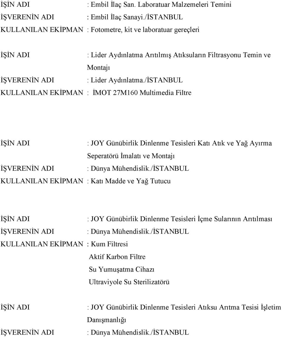 /İSTANBUL KULLANILAN EKİPMAN : İMOT 27M160 Multimedia Filtre : JOY Günübirlik Dinlenme Tesisleri Katı Atık ve Yağ Ayırma Seperatörü İmalatı ve Montajı : Dünya Mühendislik.