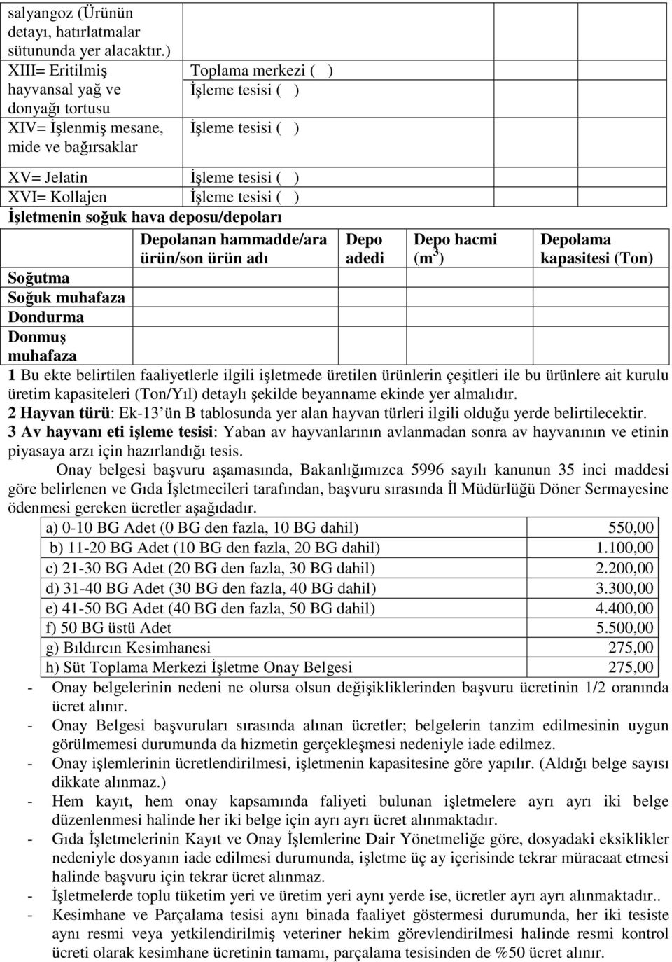 ürün/son ürün adı Depo adedi Depo hacmi (m 3 ) Depolama kapasitesi (Ton) Soğutma Soğuk muhafaza Dondurma Donmuş muhafaza 1 Bu ekte belirtilen faaliyetlerle ilgili işletmede üretilen ürünlerin