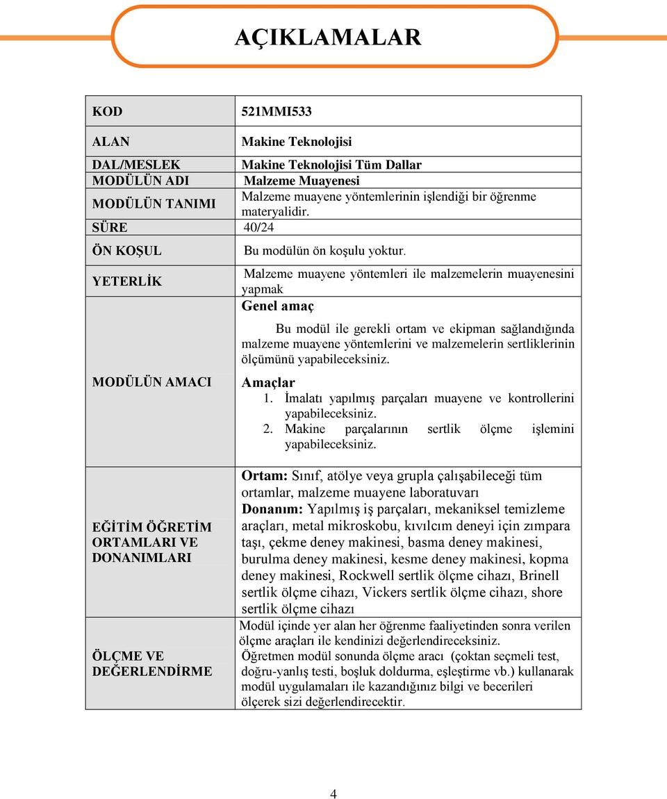 Malzeme muayene yöntemleri ile malzemelerin muayenesini yapmak Genel amaç Bu modül ile gerekli ortam ve ekipman sağlandığında malzeme muayene yöntemlerini ve malzemelerin sertliklerinin ölçümünü