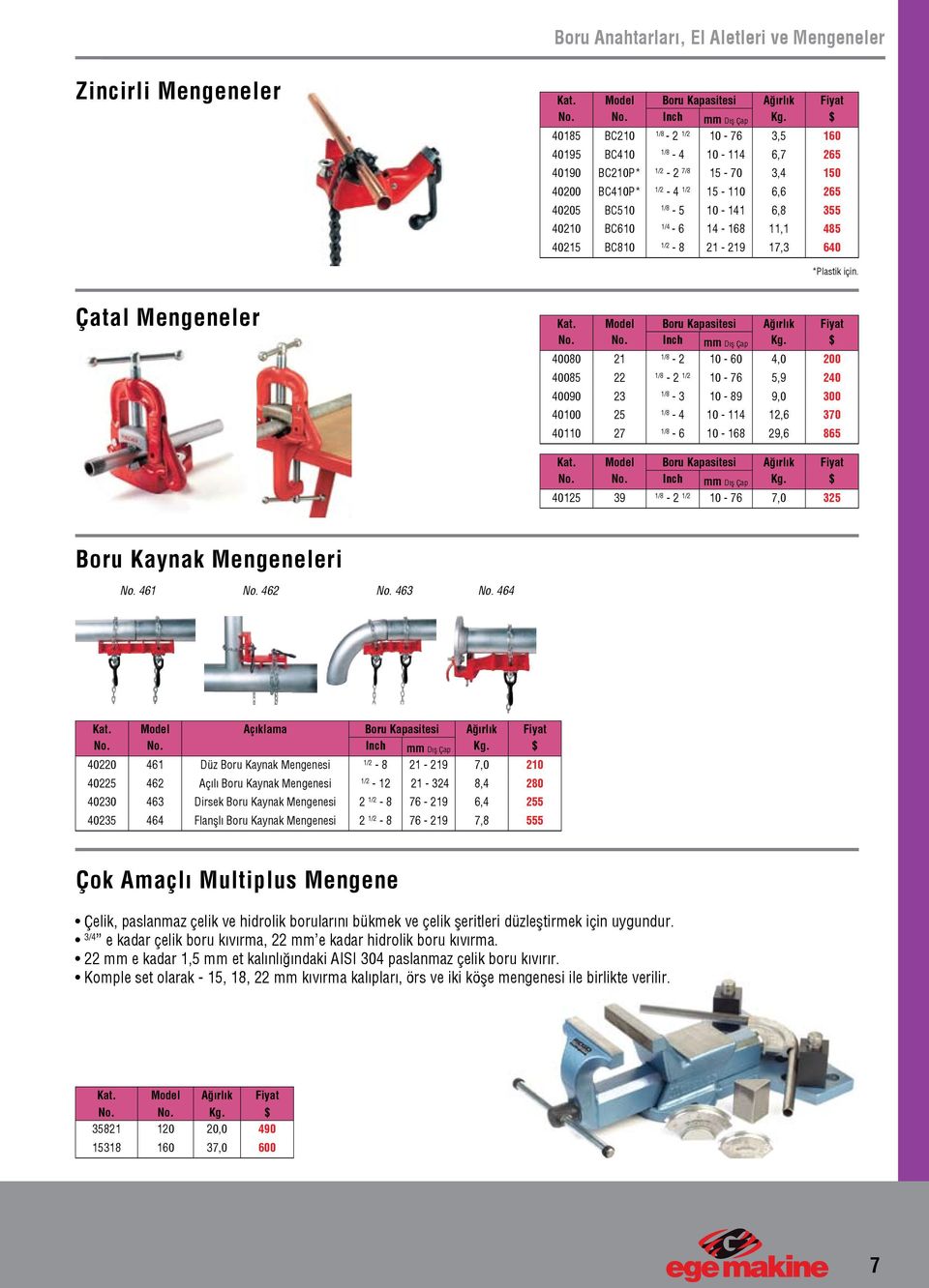 Çatal Mengeneler 40080 21-2 10-60 4,0 200 40085 22-2 10-76 5,9 240 40090 23-3 10-89 9,0 300 40100 25-4 10-114 12,6 370 40110 27-6 10-168 29,6 865 40125 39-2 10-76 7,0 325 Boru Kaynak Mengeneleri No.