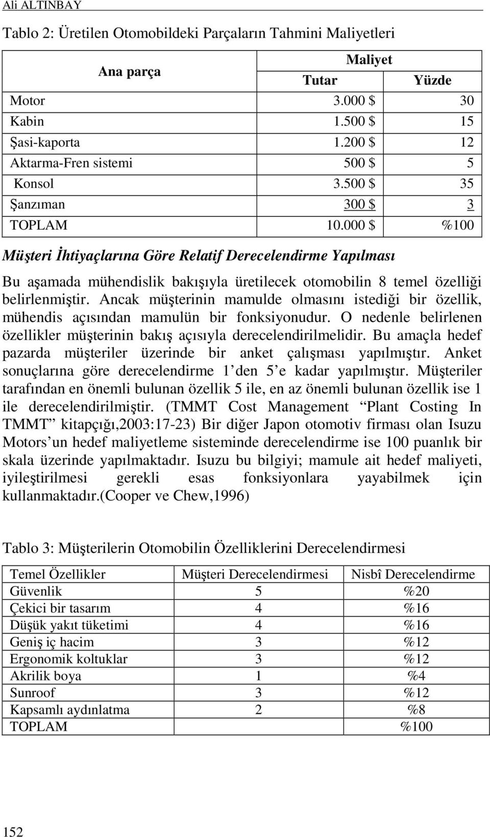 000 $ %100 Müşteri Đhtiyaçlarına Göre Relatif Derecelendirme Yapılması Bu aşamada mühendislik bakışıyla üretilecek otomobilin 8 temel özelliği belirlenmiştir.