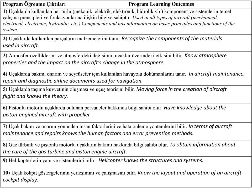 ) Components and has information on basic principles and functions of the system. 2) Uçaklarda kullanılan parçaların malzemelerini tanır. Recognize the components of the materials used in aircraft.