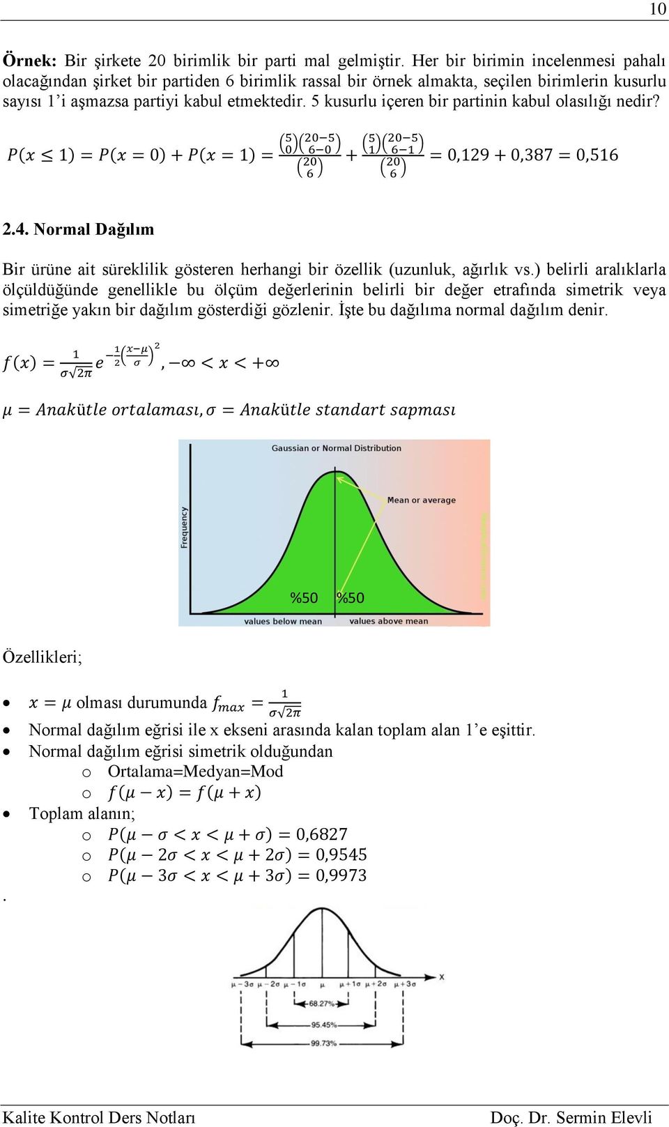 5 kusurlu içeren bir partinin kabul olasılığı nedir? P(x ) = P(x = 0) + P(x = ) = (5 0 )(0 5 6 0 ) ( 0 + ( 5 6 ) )(0 5 6 ) ( 0 6 ) = 0,9 + 0,387 = 0,56.4.