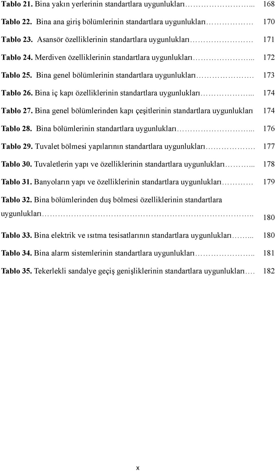 Bina iç kapı özelliklerinin standartlara uygunlukları... 174 Tablo 27. Bina genel bölümlerinden kapı çeşitlerinin standartlara uygunlukları 174 Tablo 28. Bina bölümlerinin standartlara uygunlukları.