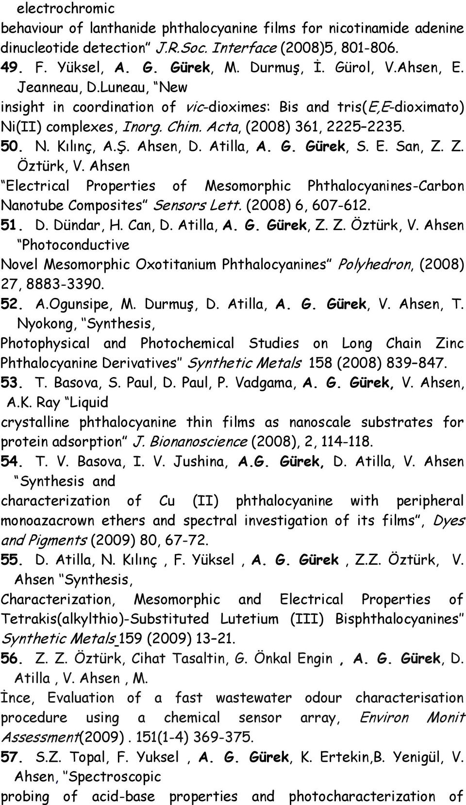 Atilla, A. G. Gürek, S. E. San, Z. Z. Öztürk, V. Ahsen Electrical Properties of Mesomorphic Phthalocyanines-Carbon Nanotube Composites Sensors Lett. (2008) 6, 607-612. 51. D. Dündar, H. Can, D.