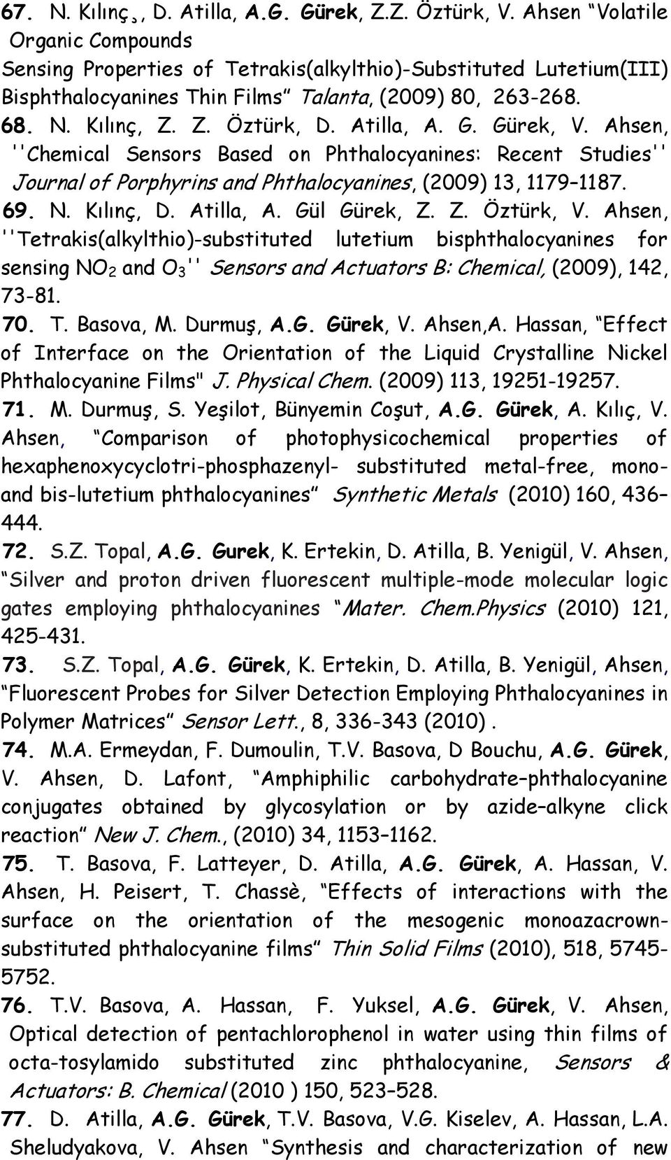 Atilla, A. G. Gürek, V. Ahsen, ''Chemical Sensors Based on Phthalocyanines: Recent Studies'' Journal of Porphyrins and Phthalocyanines, (2009) 13, 1179 1187. 69. N. Kılınç, D. Atilla, A. Gül Gürek, Z.