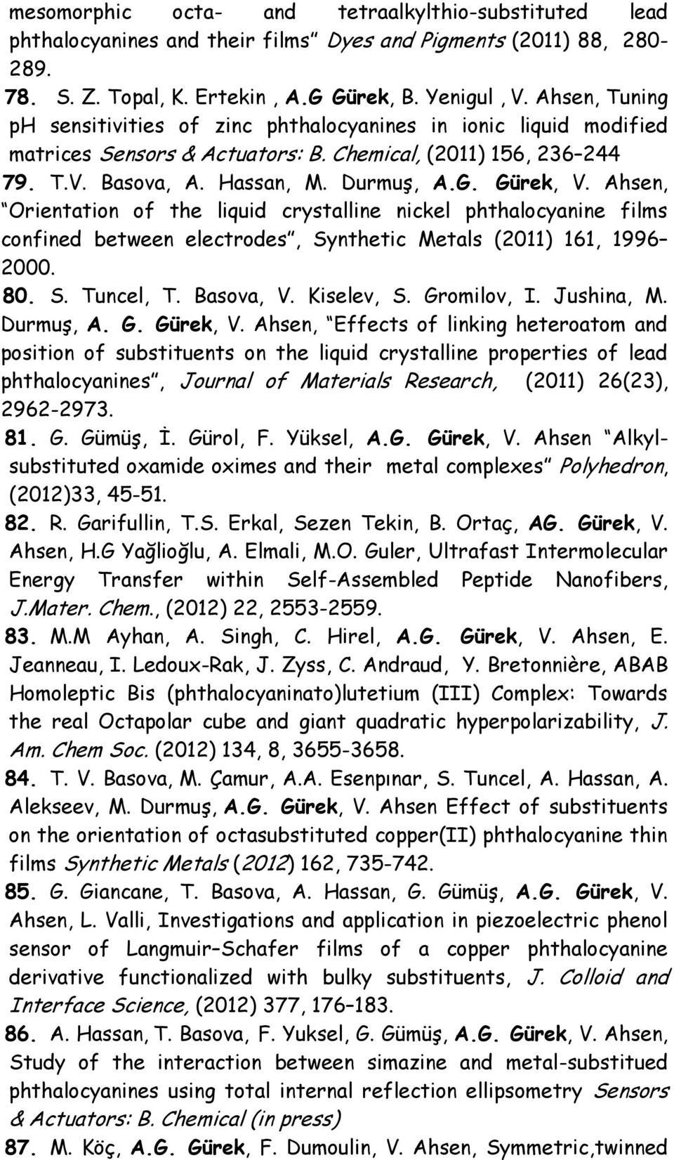 Ahsen, Orientation of the liquid crystalline nickel phthalocyanine films confined between electrodes, Synthetic Metals (2011) 161, 1996 2000. 80. S. Tuncel, T. Basova, V. Kiselev, S. Gromilov, I.