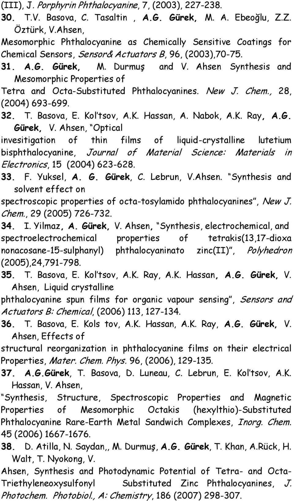 Ahsen Synthesis and Mesomorphic Properties of Tetra and Octa-Substituted Phthalocyanines. New J. Chem., 28, (2004) 693-699. 32. T. Basova, E. Kol tsov, A.K. Hassan, A. Nabok, A.K. Ray, A.G. Gürek, V.