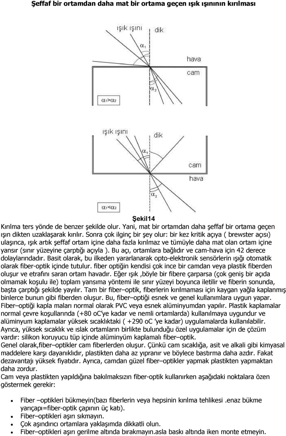 Sonra çok ilginç bir şey olur: bir kez kritik açıya ( brewster açısı) ulaşınca, ışık artık şeffaf ortam içine daha fazla kırılmaz ve tümüyle daha mat olan ortam içine yansır (sınır yüzeyine çarptığı