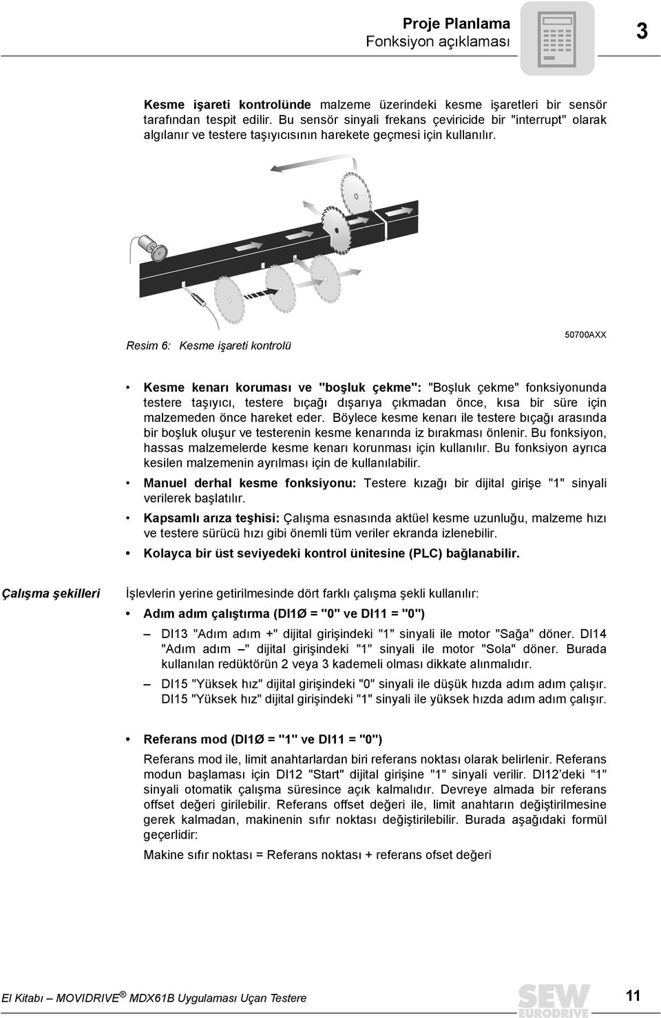 Resim : Kesme işareti kontrolü 0700AXX Kesme kenarı koruması ve "boşluk çekme": "Boşluk çekme" fonksiyonunda testere taşıyıcı, testere bıçağı dışarıya çıkmadan önce, kısa bir süre için malzemeden