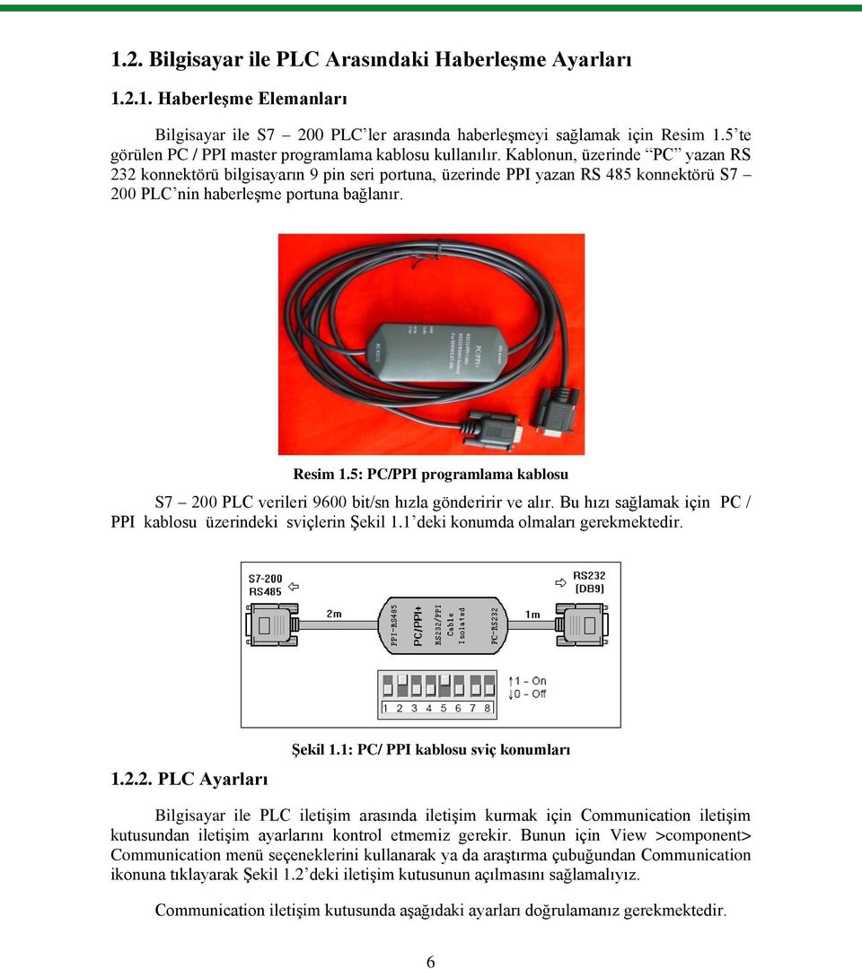 Kablonun, üzerinde PC yazan RS 232 konnektörü bilgisayarın 9 pin seri portuna, üzerinde PPI yazan RS 485 konnektörü S7 200 PLC nin haberleģme portuna bağlanır. Resim 1.