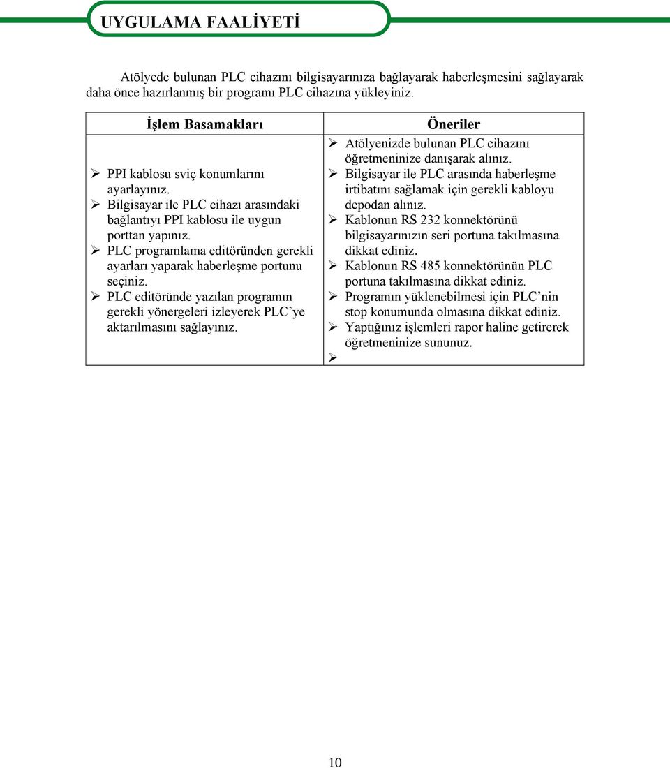 PLC programlama editöründen gerekli ayarları yaparak haberleģme portunu seçiniz. PLC editöründe yazılan programın gerekli yönergeleri izleyerek PLC ye aktarılmasını sağlayınız.