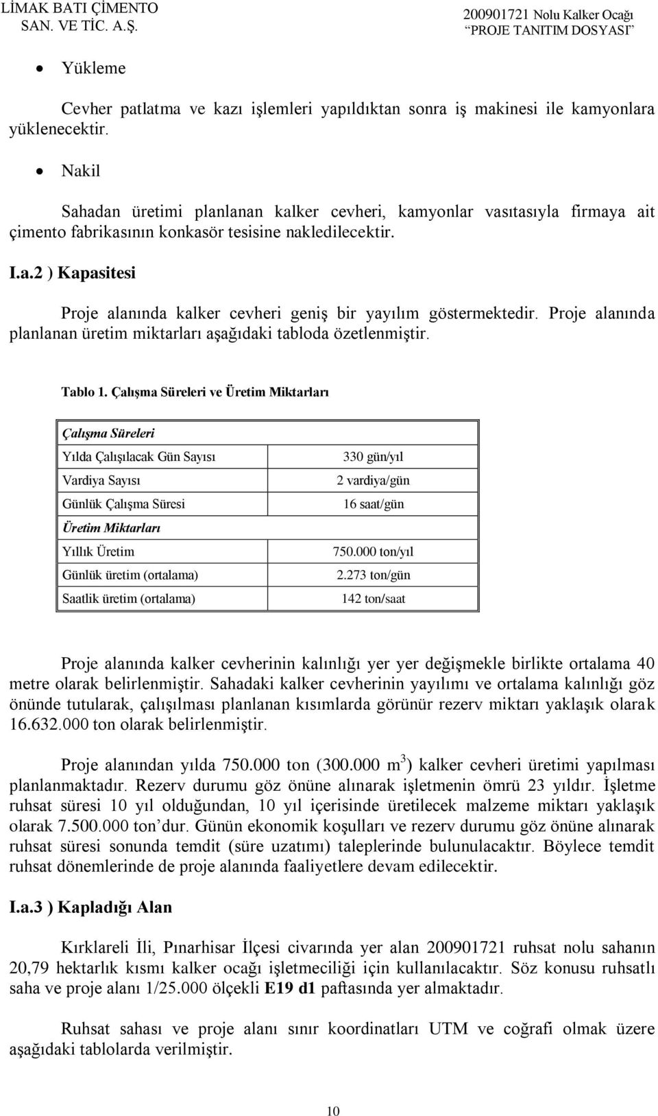 Proje alanında planlanan üretim miktarları aşağıdaki tabloda özetlenmiştir. Tablo 1.