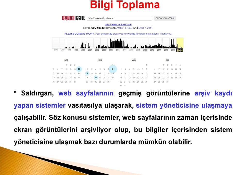 Söz konusu sistemler, web sayfalarının zaman içerisinde ekran görüntülerini