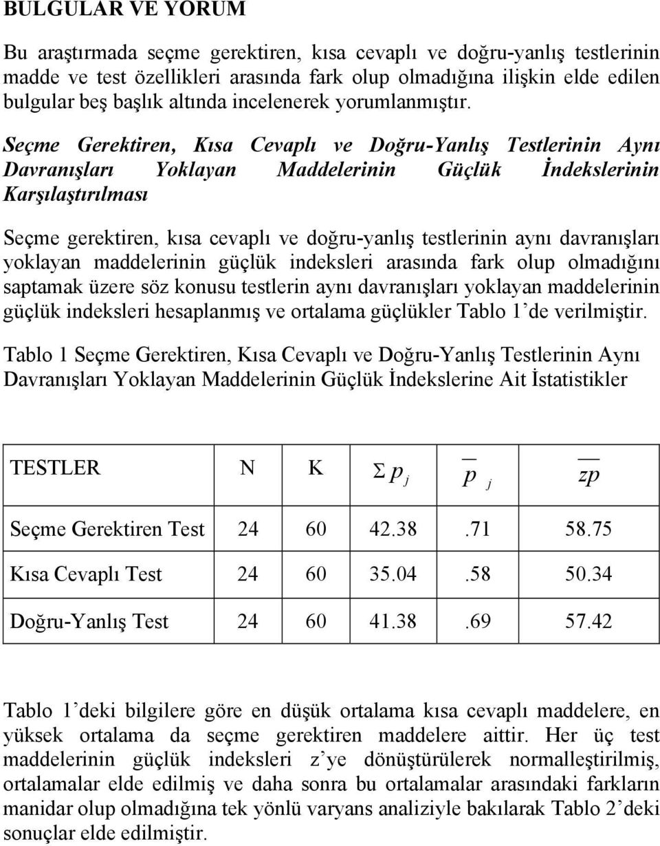 Seçme Gerektiren, Kısa Cevaplı ve Doğru-Yanlış Testlerinin Aynı Davranışları Yoklayan Maddelerinin Güçlük İndekslerinin Karşılaştırılması Seçme gerektiren, kısa cevaplı ve doğru-yanlış testlerinin