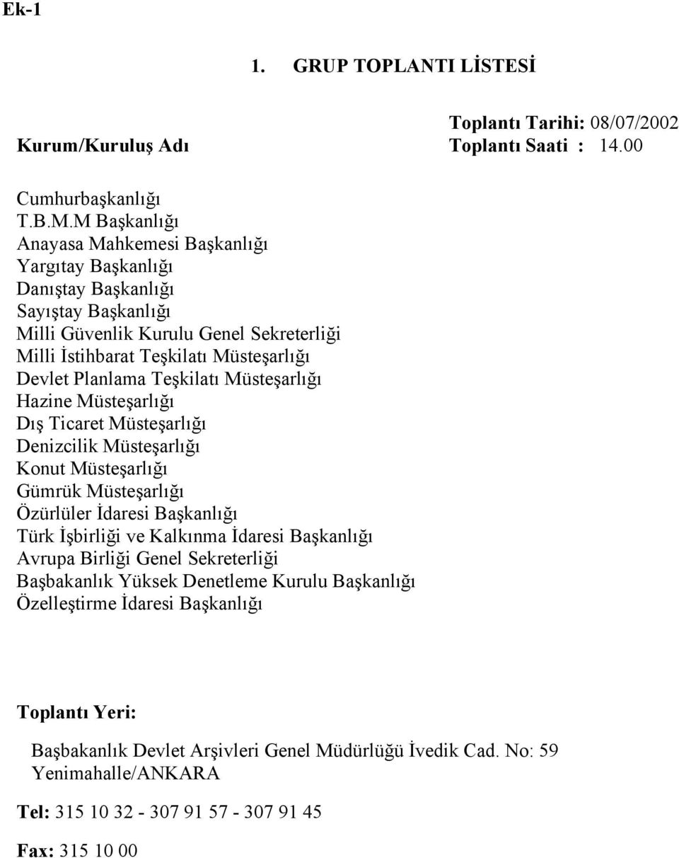 Planlama Teşkilatı Müsteşarlığı Hazine Müsteşarlığı Dış Ticaret Müsteşarlığı Denizcilik Müsteşarlığı Konut Müsteşarlığı Gümrük Müsteşarlığı Özürlüler İdaresi Başkanlığı Türk İşbirliği ve Kalkınma