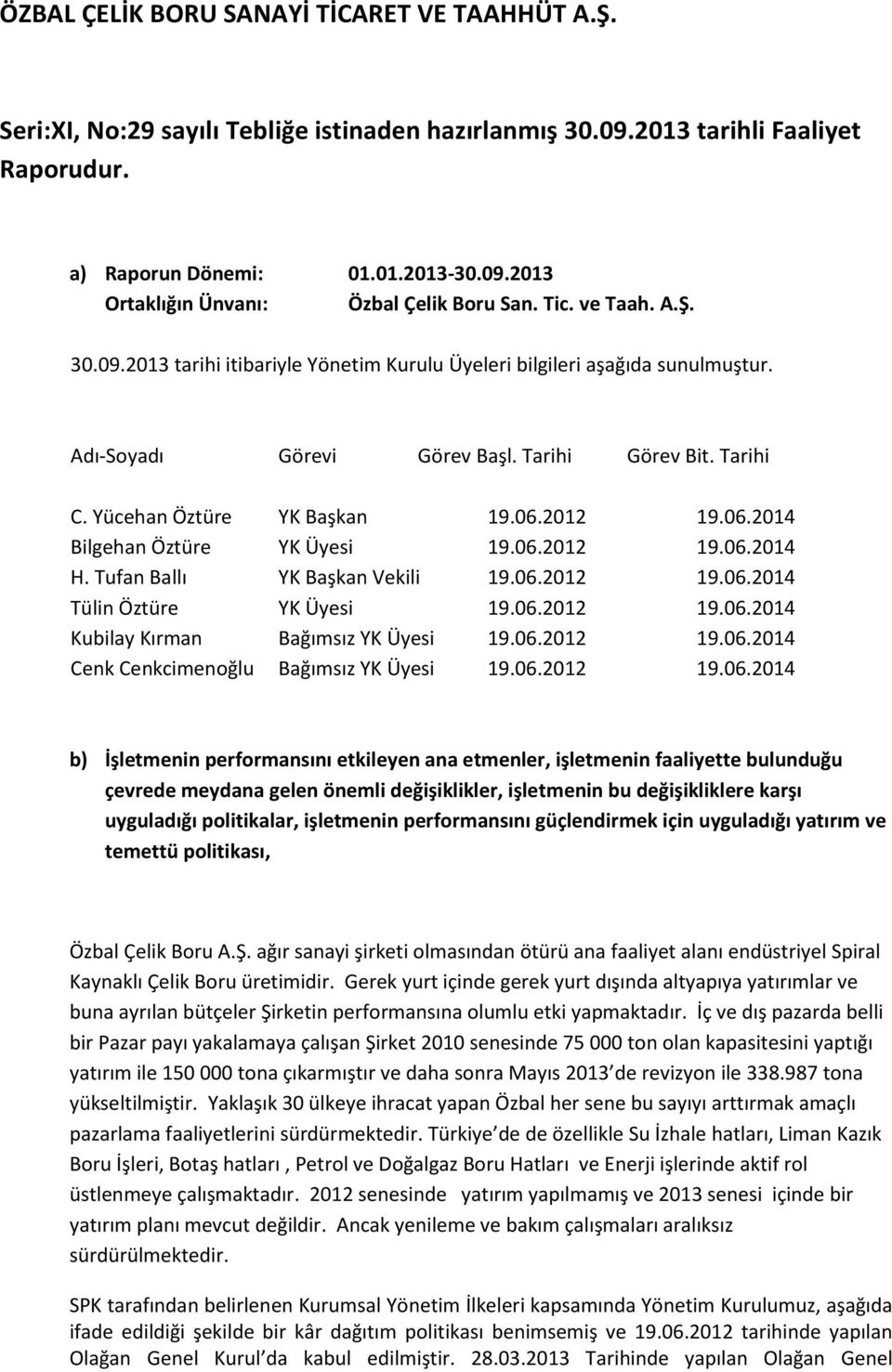 06.2014 Bilgehan Öztüre YK Üyesi 19.06.2012 19.06.2014 H. Tufan Ballı YK Başkan Vekili 19.06.2012 19.06.2014 Tülin Öztüre YK Üyesi 19.06.2012 19.06.2014 Kubilay Kırman Bağımsız YK Üyesi 19.06.2012 19.06.2014 Cenk Cenkcimenoğlu Bağımsız YK Üyesi 19.