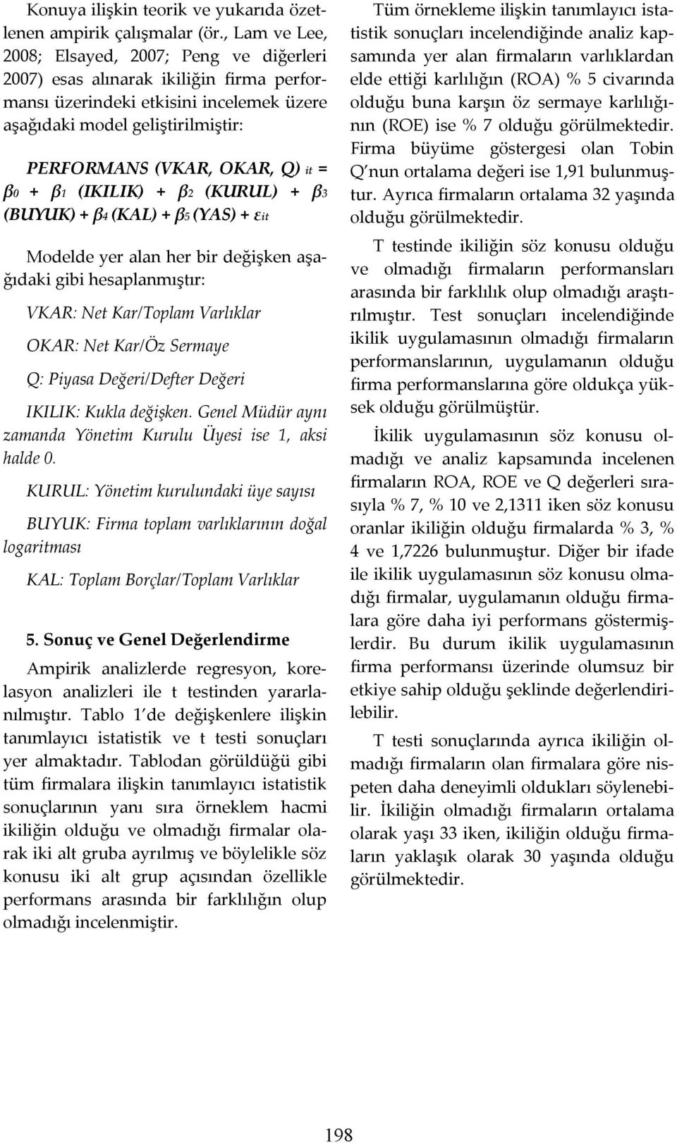 = β0 + β1 (IKILIK) + β2 (KURUL) + β3 (BUYUK) + β4 (KAL) + β5 (YAS) + εit Modelde yer alan her bir değişken aşağıdaki gibi hesaplanmıştır: VKAR: Net Kar/Toplam Varlıklar OKAR: Net Kar/Öz Sermaye Q: