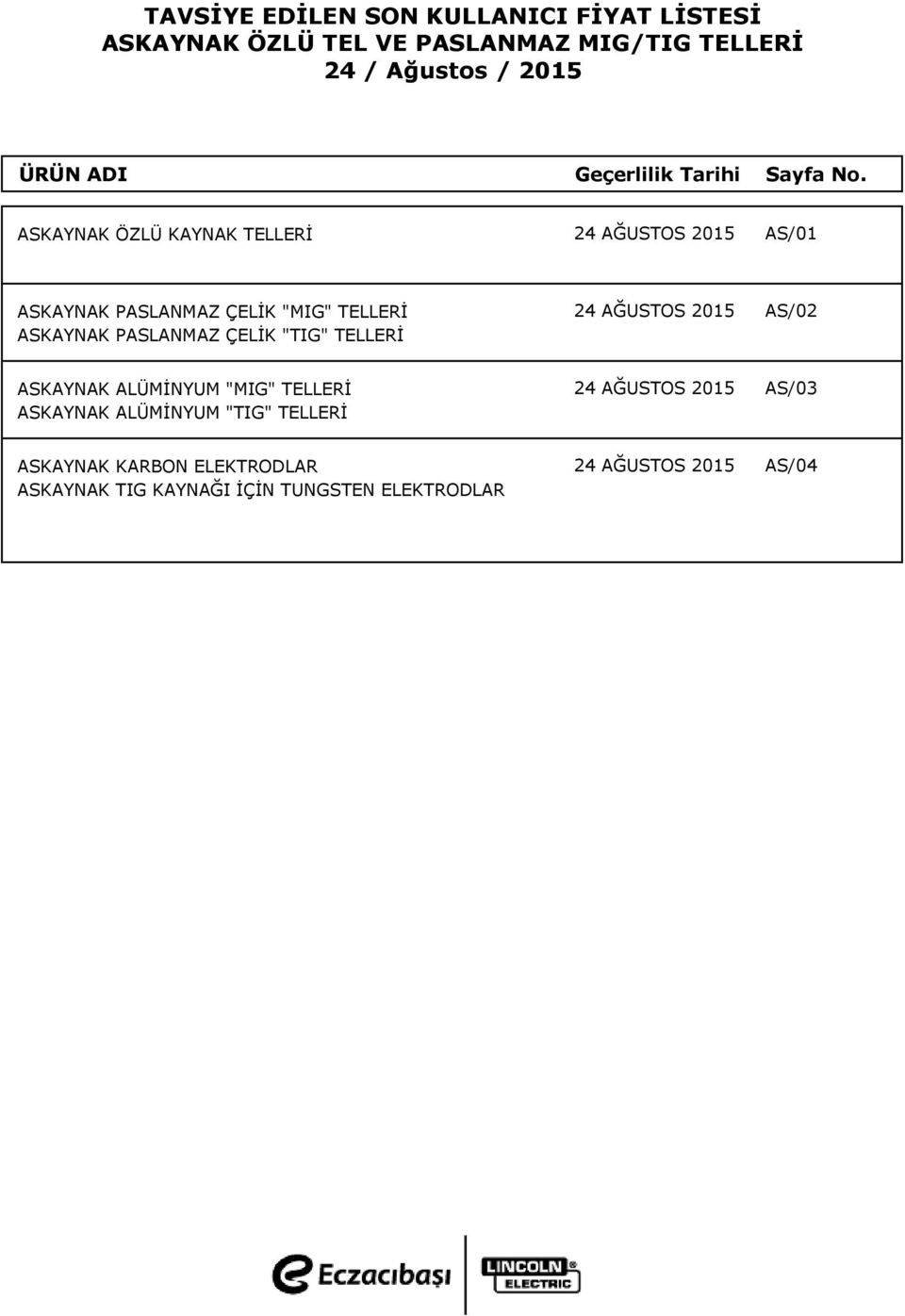 ASKAYNAK ÖZLÜ KAYNAK TELLERİ 24 AĞUSTOS 2015 AS/01 ASKAYNAK PASLANMAZ ÇELİK "MIG" TELLERİ 24 AĞUSTOS 2015 AS/02 ASKAYNAK