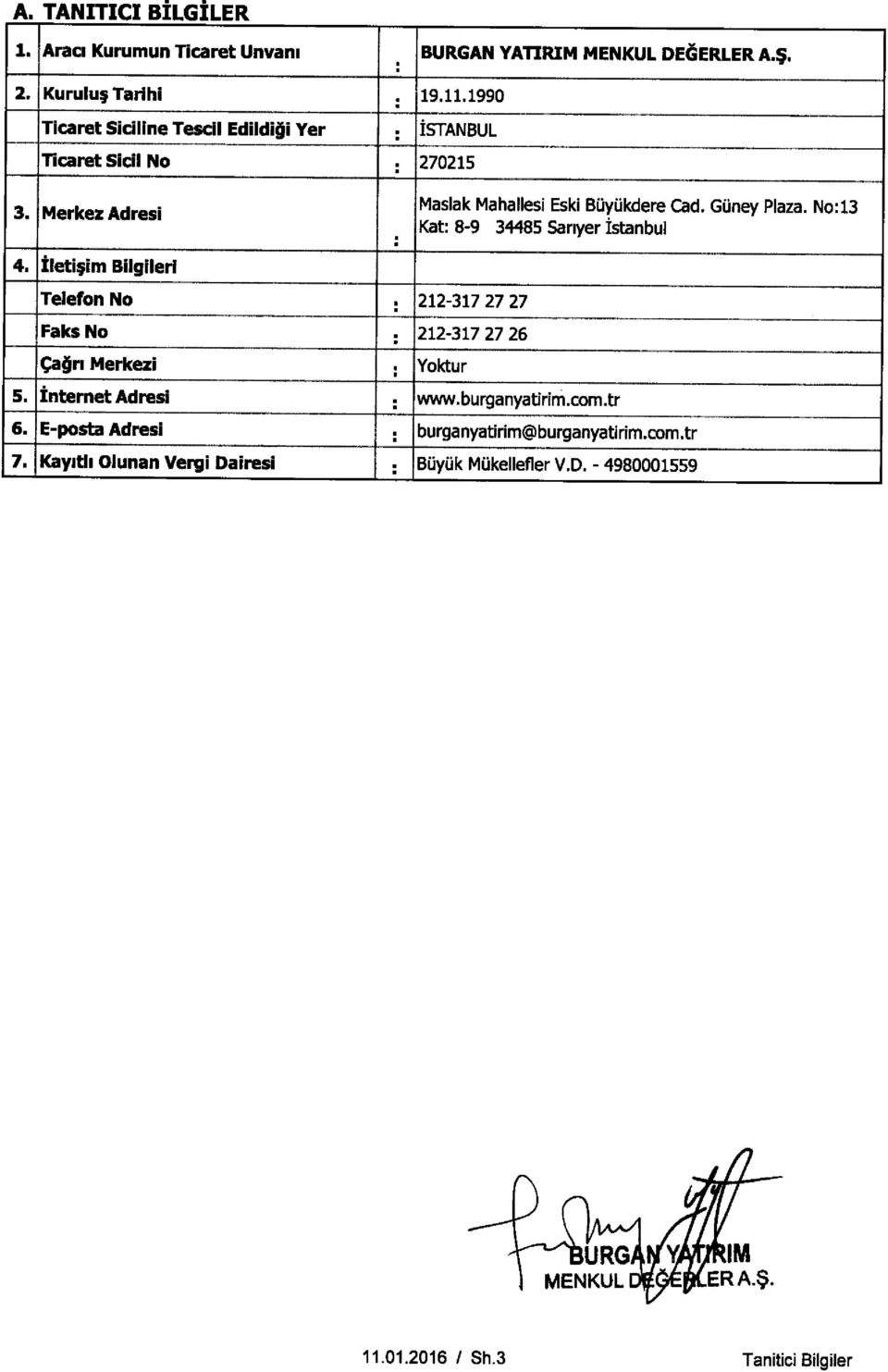 No:13 Kat: 8-9 34485 Sanyer Istanbul 4. iletl6im Bilgilerl Telefon No 212-317 27 27 Faks No. 212-317 27 26 Ira n Merkezi. Yoktur 5.