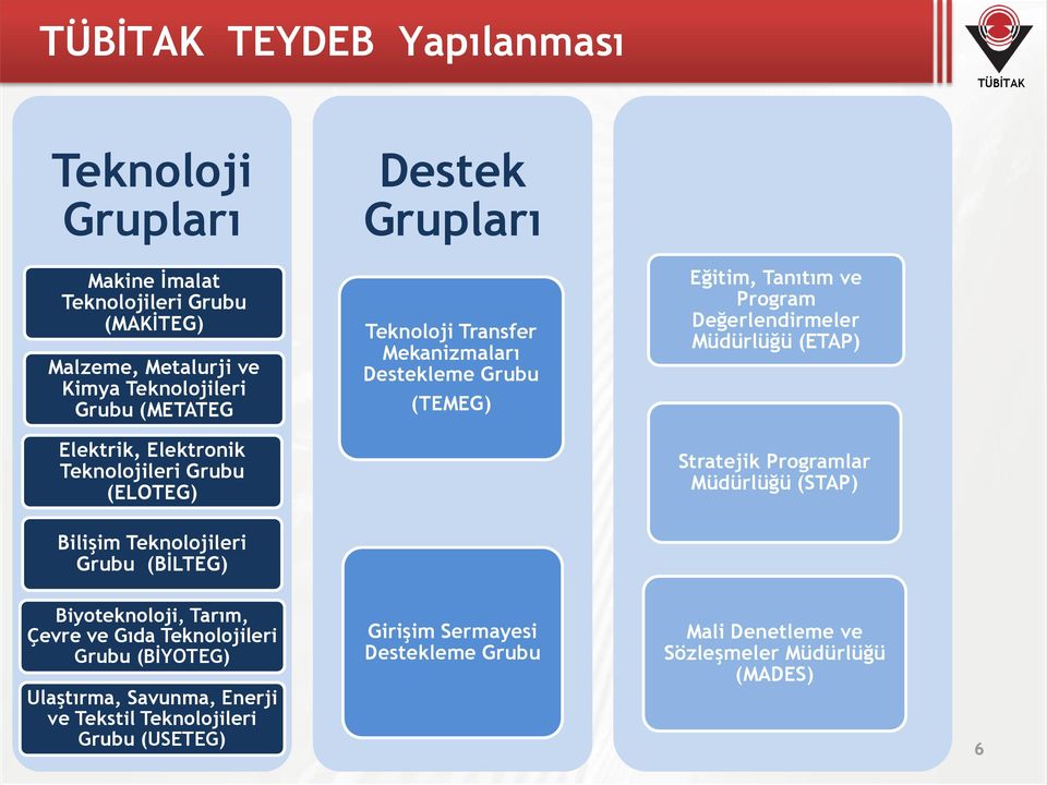 Teknolojileri Grubu (ELOTEG) Stratejik Programlar Müdürlüğü (STAP) Bilişim Teknolojileri Grubu (BİLTEG) Biyoteknoloji, Tarım, Çevre ve Gıda Teknolojileri