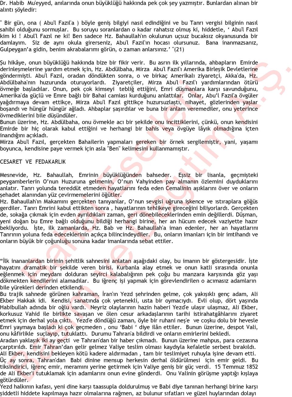 Bu soruyu soranlardan o kadar rahatsız olmuş ki, hiddetle, Abu'l Fazıl kim ki! Abul'l Fazıl ne ki! Ben sadece Hz. Bahaullah'ın okulunun uçsuz bucaksız okyanusunda bir damlayım.