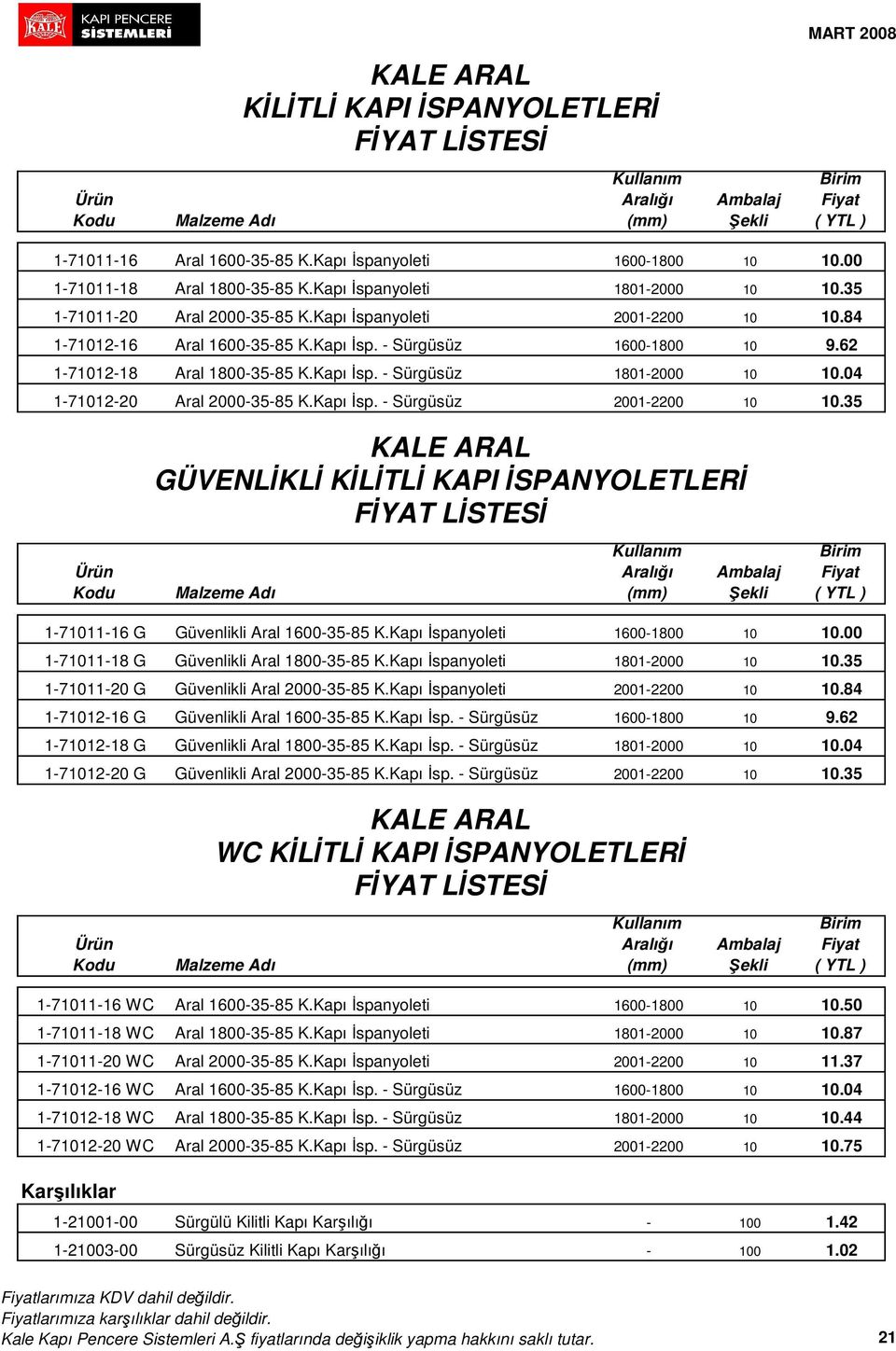 04 1-71012-20 Aral 2000-35-85 K.Kapı İsp. - Sürgüsüz 2001-2200 10 10.35 KALE ARAL GÜVENLİKLİ KİLİTLİ KAPI İSPANYOLETLERİ 1-71011-16 G Güvenlikli Aral 1600-35-85 K.Kapı İspanyoleti 1600-1800 10 10.