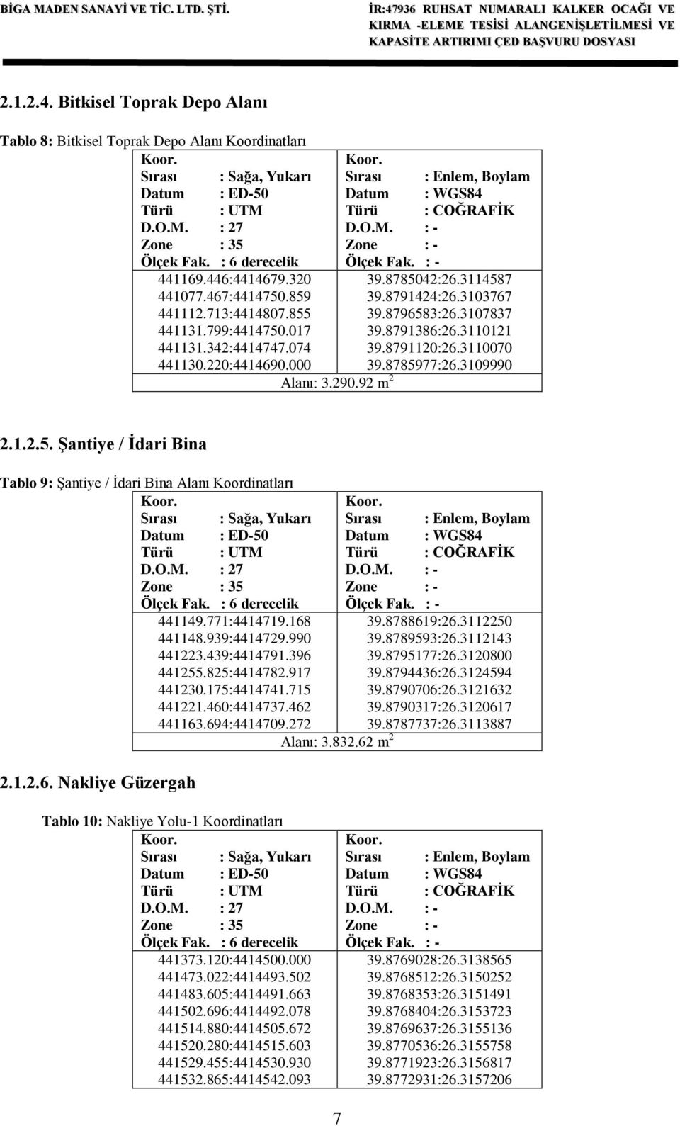 074 441130.220:4414690.000 39.8785042:26.3114587 39.8791424:26.3103767 39.8796583:26.3107837 39.8791386:26.3110121 39.8791120:26.3110070 39.8785977:26.3109990 Alanı: 3.290.92 m 2 2.1.2.5. ġantiye / Ġdari Bina Tablo 9: Şantiye / İdari Bina Alanı Koordinatları Koor.