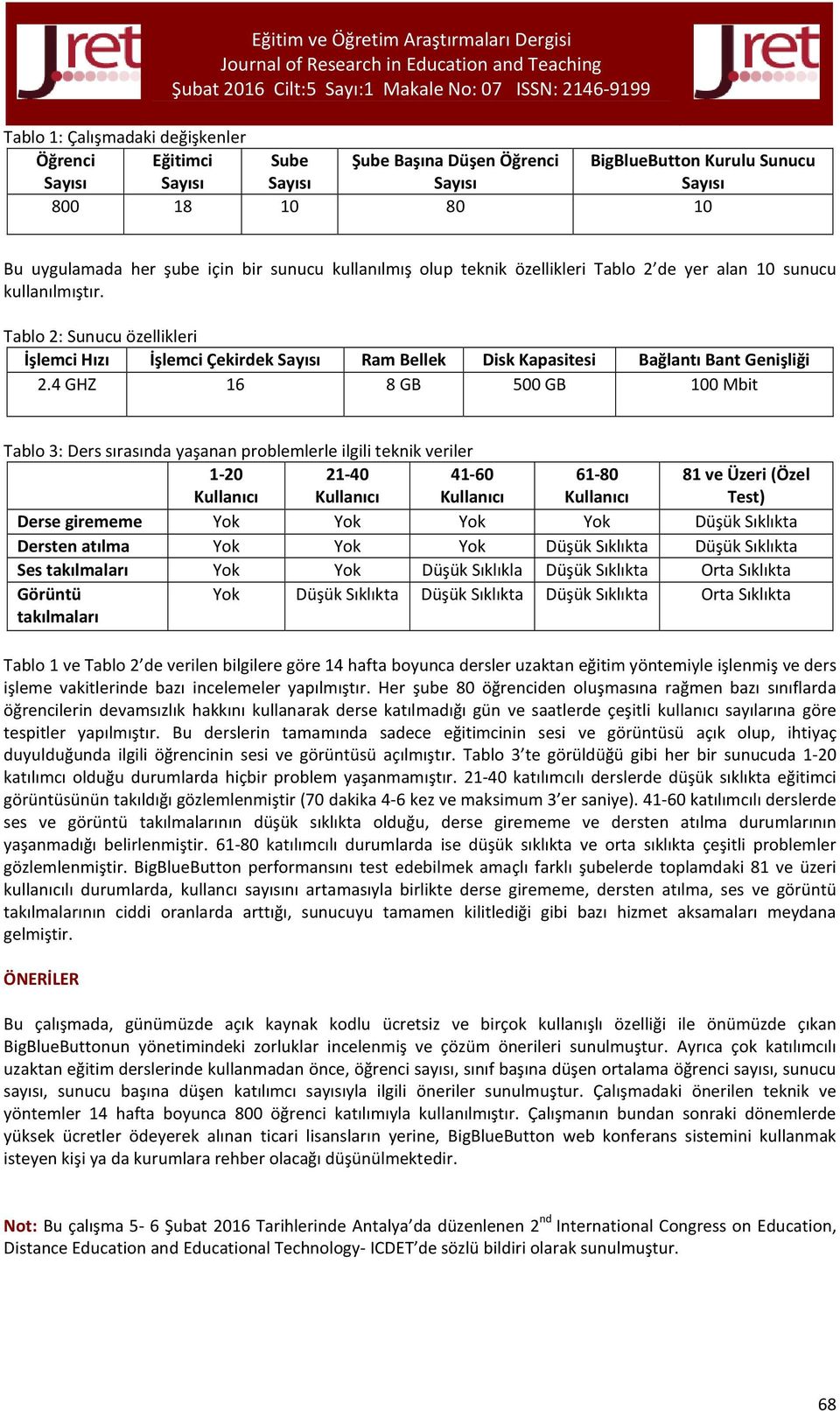 4 GHZ 16 8 GB 500 GB 100 Mbit Tablo 3: Ders sırasında yaşanan problemlerle ilgili teknik veriler 1-20 Kullanıcı 21-40 Kullanıcı 41-60 Kullanıcı 61-80 Kullanıcı 81 ve Üzeri (Özel Test) Derse girememe