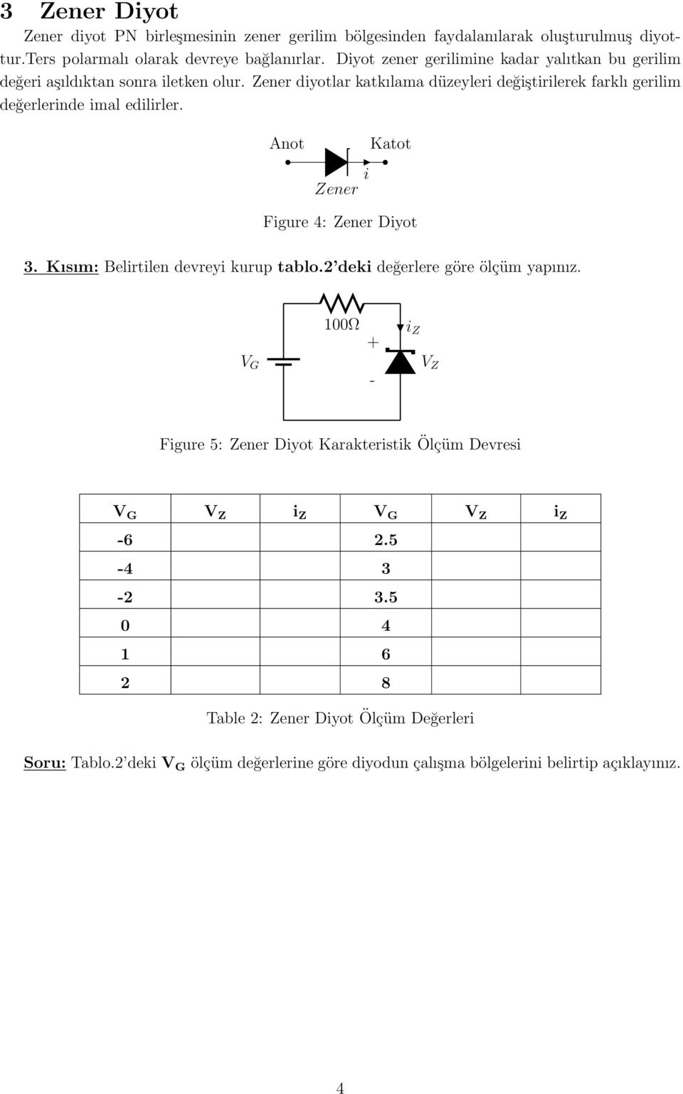 Zener diyotlar katkılama düzeyleri değiştirilerek farklı gerilim değerlerinde imal edilirler. Anot Zener i Katot Figure 4: Zener Diyot 3.