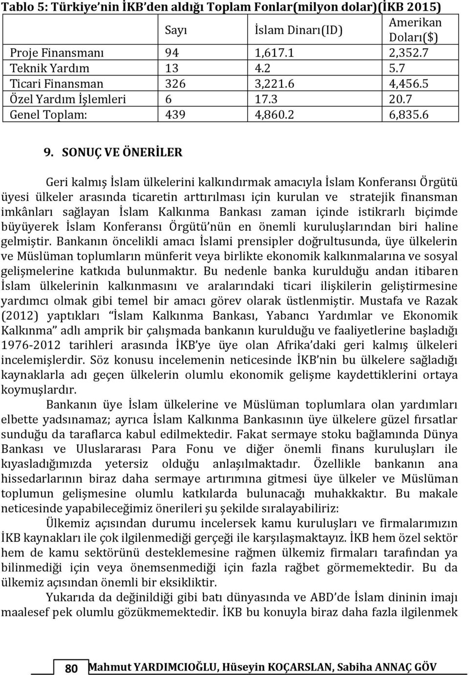 SONUÇ VE ÖNERİLER Geri kalmış İslam ülkelerini kalkındırmak amacıyla İslam Konferansı Örgütü üyesi ülkeler arasında ticaretin arttırılması için kurulan ve stratejik finansman imkânları sağlayan İslam