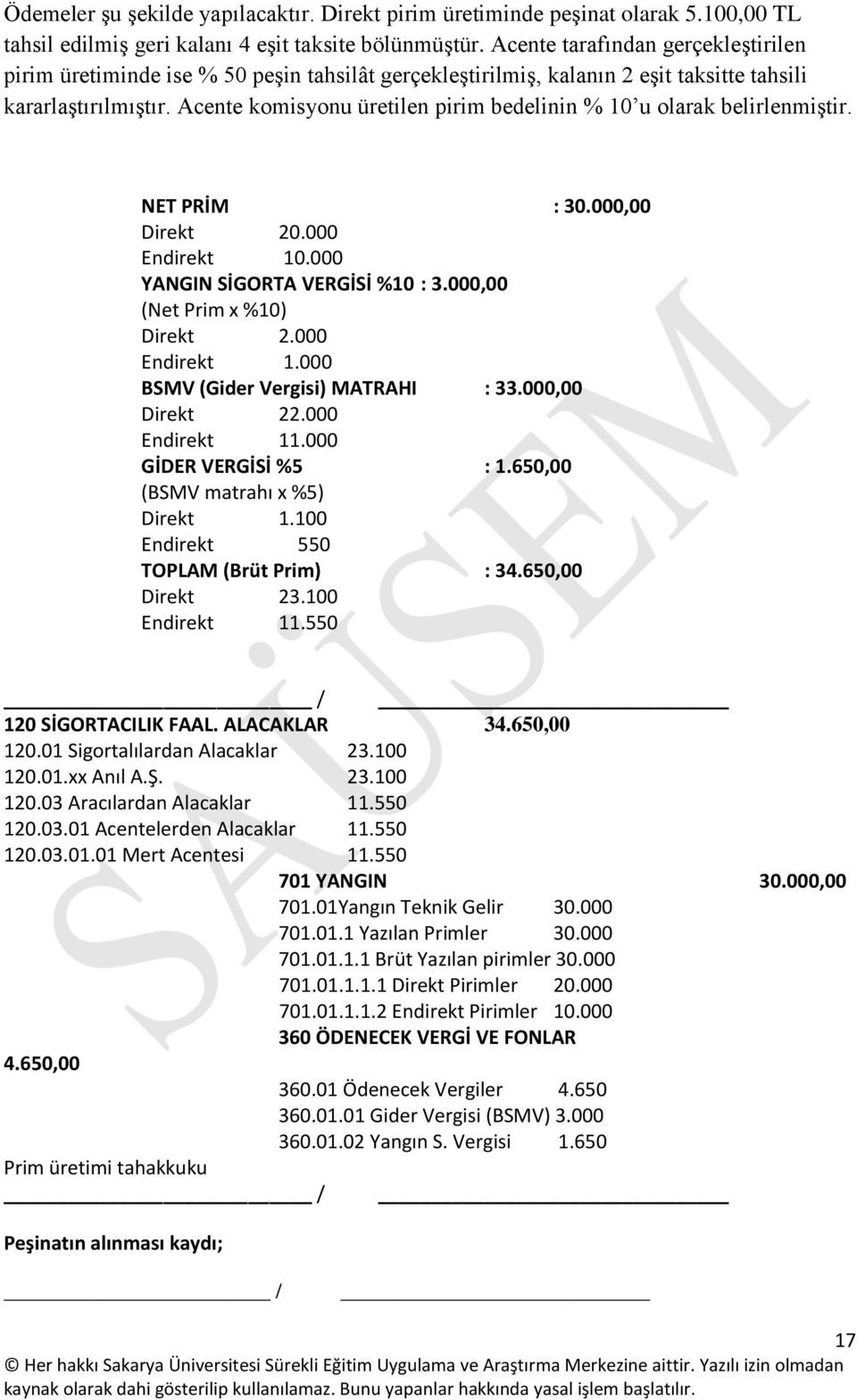 Acente komisyonu üretilen pirim bedelinin % 10 u olarak belirlenmiştir. NET PRİM : 30.000,00 Direkt 20.000 Endirekt 10.000 YANGIN SİGORTA VERGİSİ %10 : 3.000,00 (Net Prim x %10) Direkt 2.