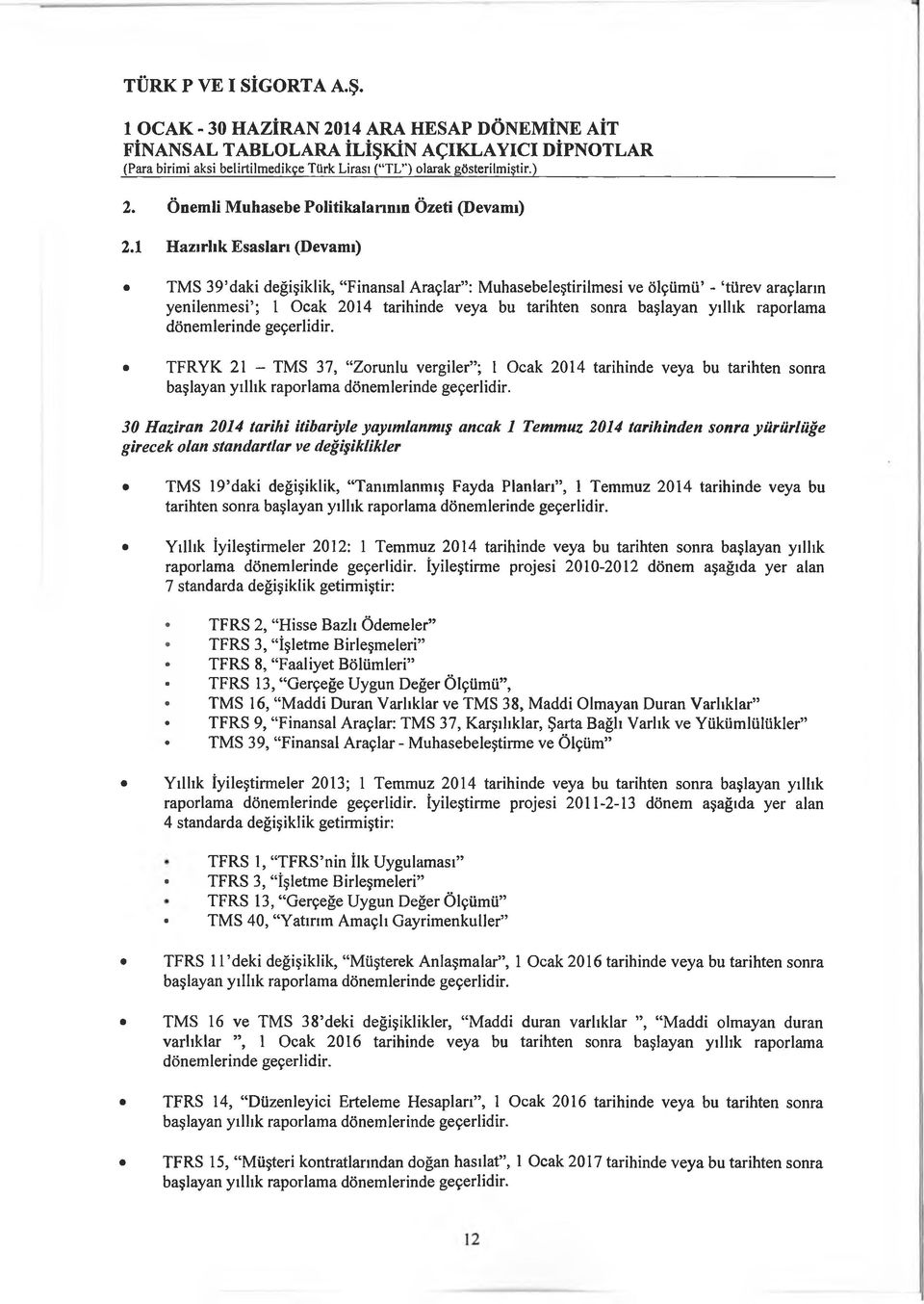 TFRYK 21 - TMS 37, Zorunlu vergiler ; 1 Ocak 2014 tarihinde veya bu tarihten sonra başlayan yıllık raporlama dönemlerinde geçerlidir.