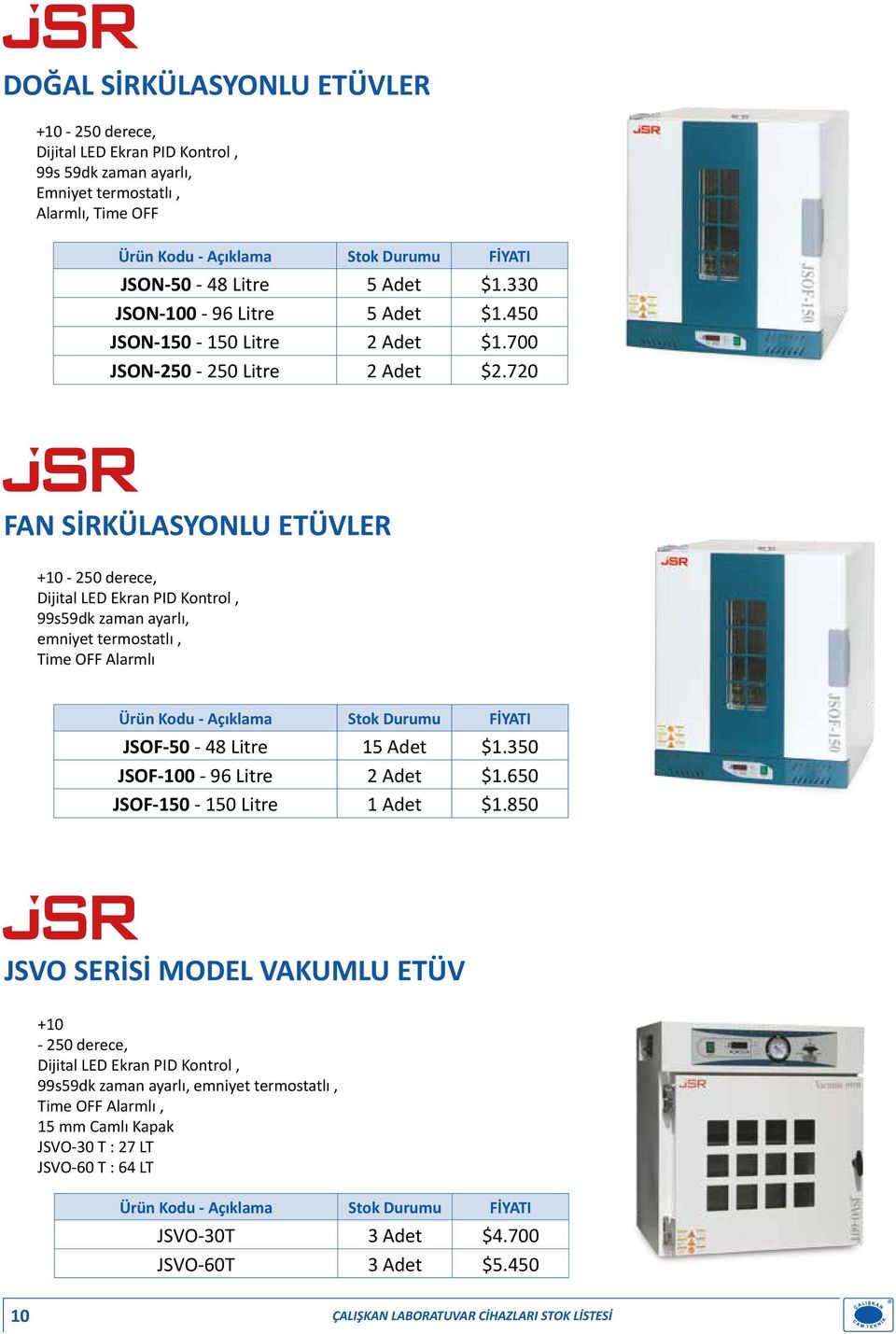 720 FAN SİRKÜLASYONLU ETÜVLER +10-250 derece, Dijital LED Ekran PID Kontrol, 99s59dk zaman ayarlı, emniyet termostatlı, Time OFF Alarmlı JSOF-50-48 Litre 15 Adet $1.