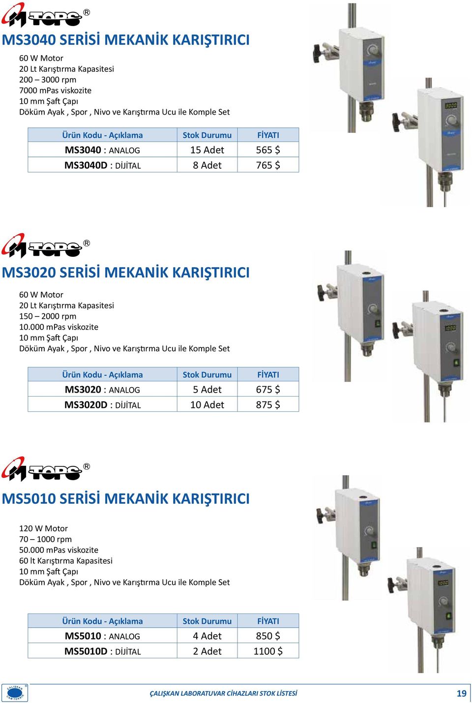 000 mpas viskozite 10 mm Şaft Çapı Döküm Ayak, Spor, Nivo ve Karıştırma Ucu ile Komple Set MS3020 : ANALOG 5 Adet 675 $ MS3020D : DİJİTAL 10 Adet 875 $ MS5010 SERİSİ MEKANİK KARIŞTIRICI 120 W