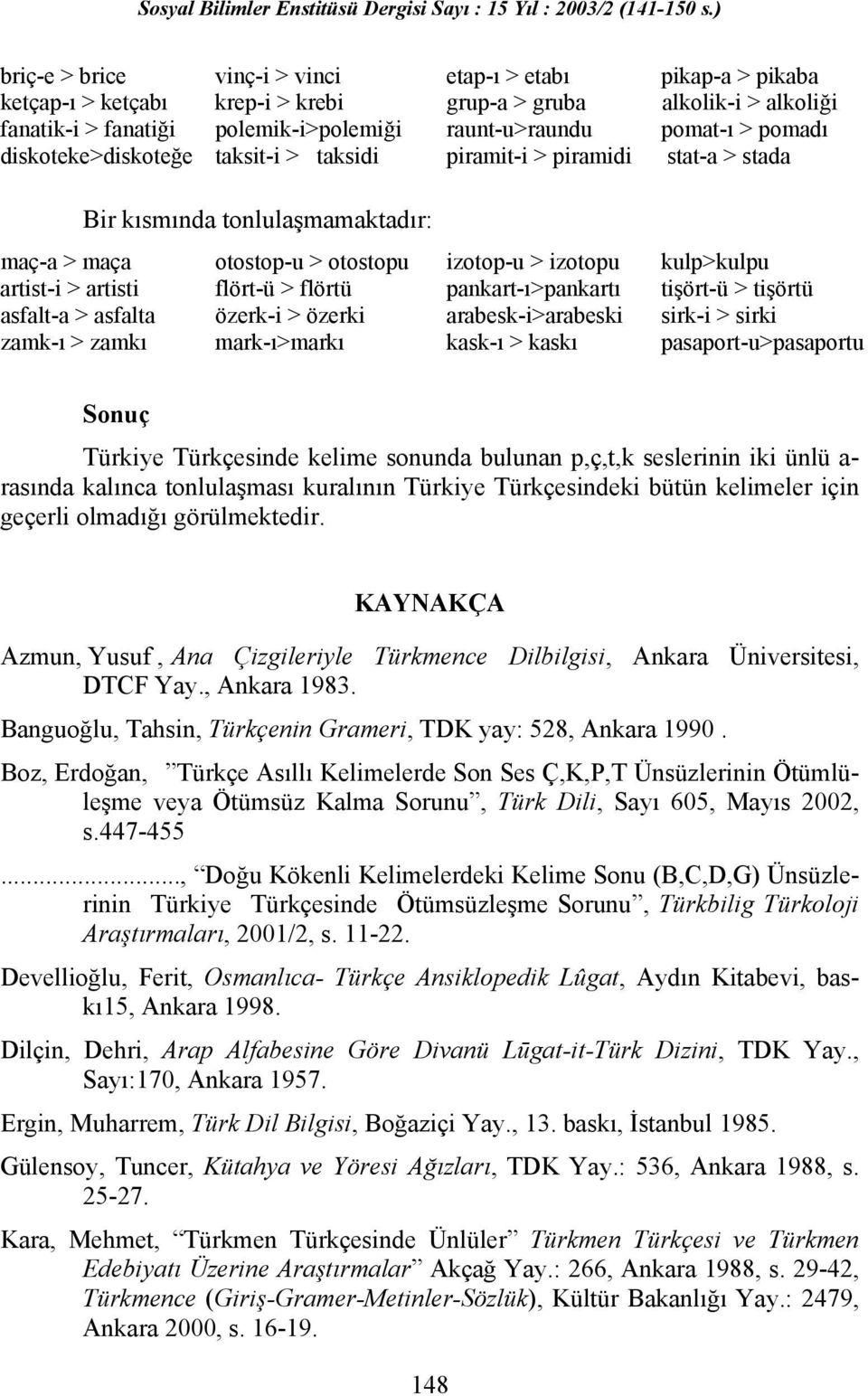 flört-ü > flörtü pankart-ı>pankartı tişört-ü > tişörtü asfalt-a > asfalta özerk-i > özerki arabesk-i>arabeski sirk-i > sirki zamk-ı > zamkı mark-ı>markı kask-ı > kaskı pasaport-u>pasaportu Sonuç