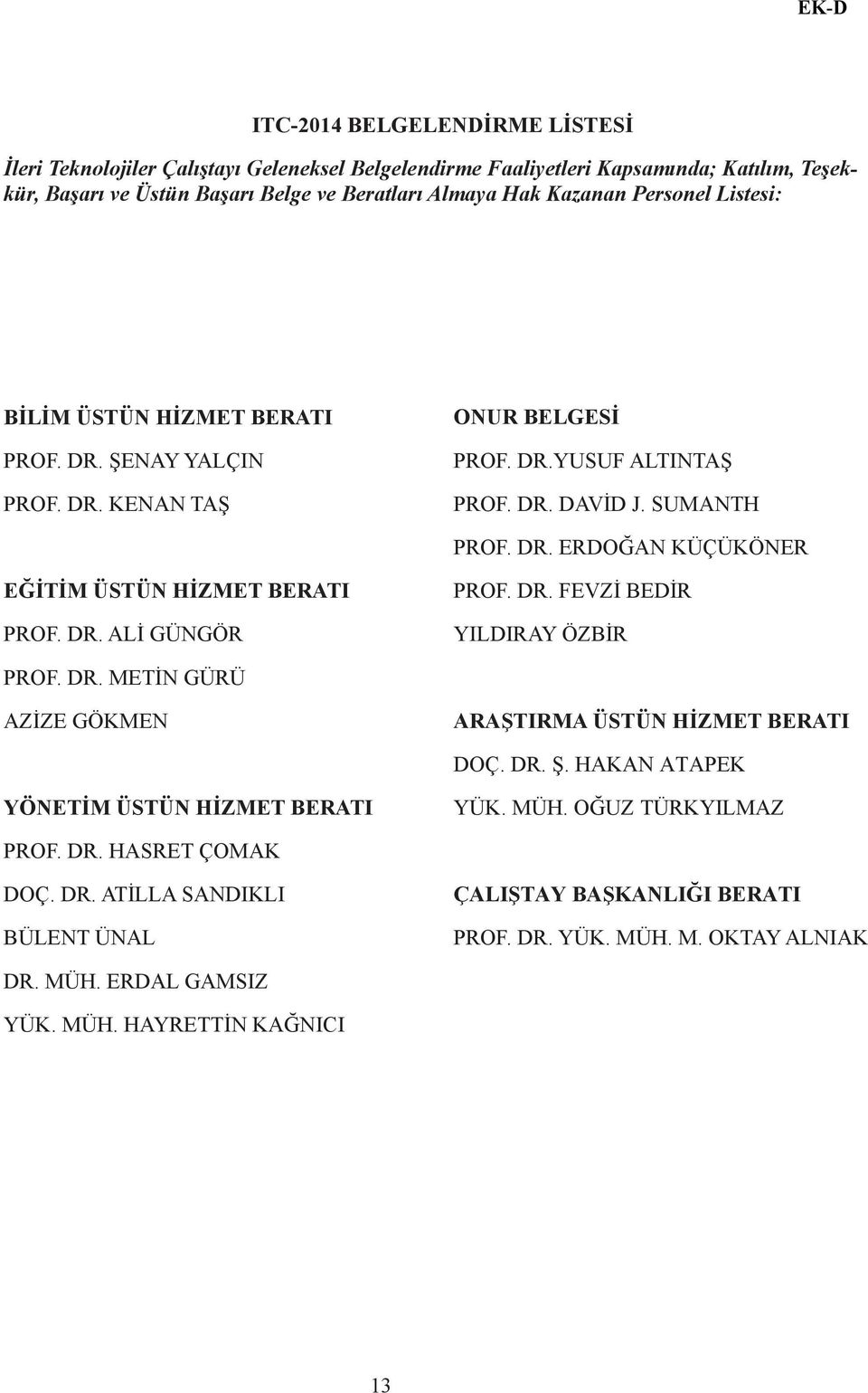 DR. ALİ GÜNGÖR PROF. DR. FEVZİ BEDİR YILDIRAY ÖZBİR PROF. DR. METİN GÜRÜ AZİZE GÖKMEN ARAŞTIRMA ÜSTÜN HİZMET BERATI DOÇ. DR. Ş. HAKAN ATAPEK YÖNETİM ÜSTÜN HİZMET BERATI YÜK. MÜH.