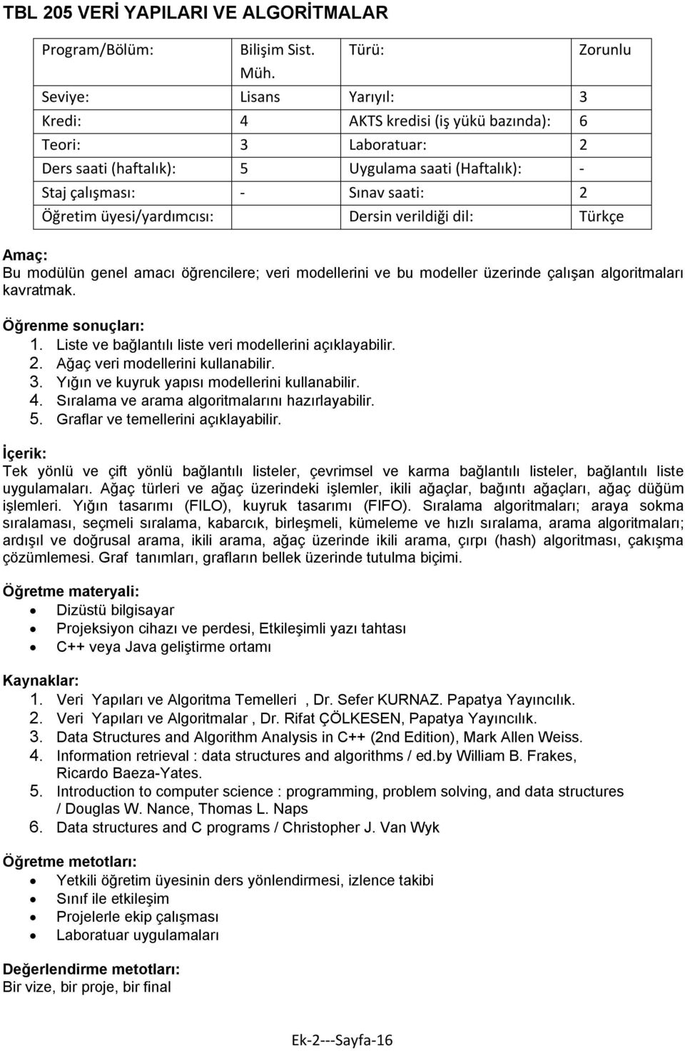 3. Yığın ve kuyruk yapısı modellerini kullanabilir. 4. Sıralama ve arama algoritmalarını hazırlayabilir. 5. Graflar ve temellerini açıklayabilir.