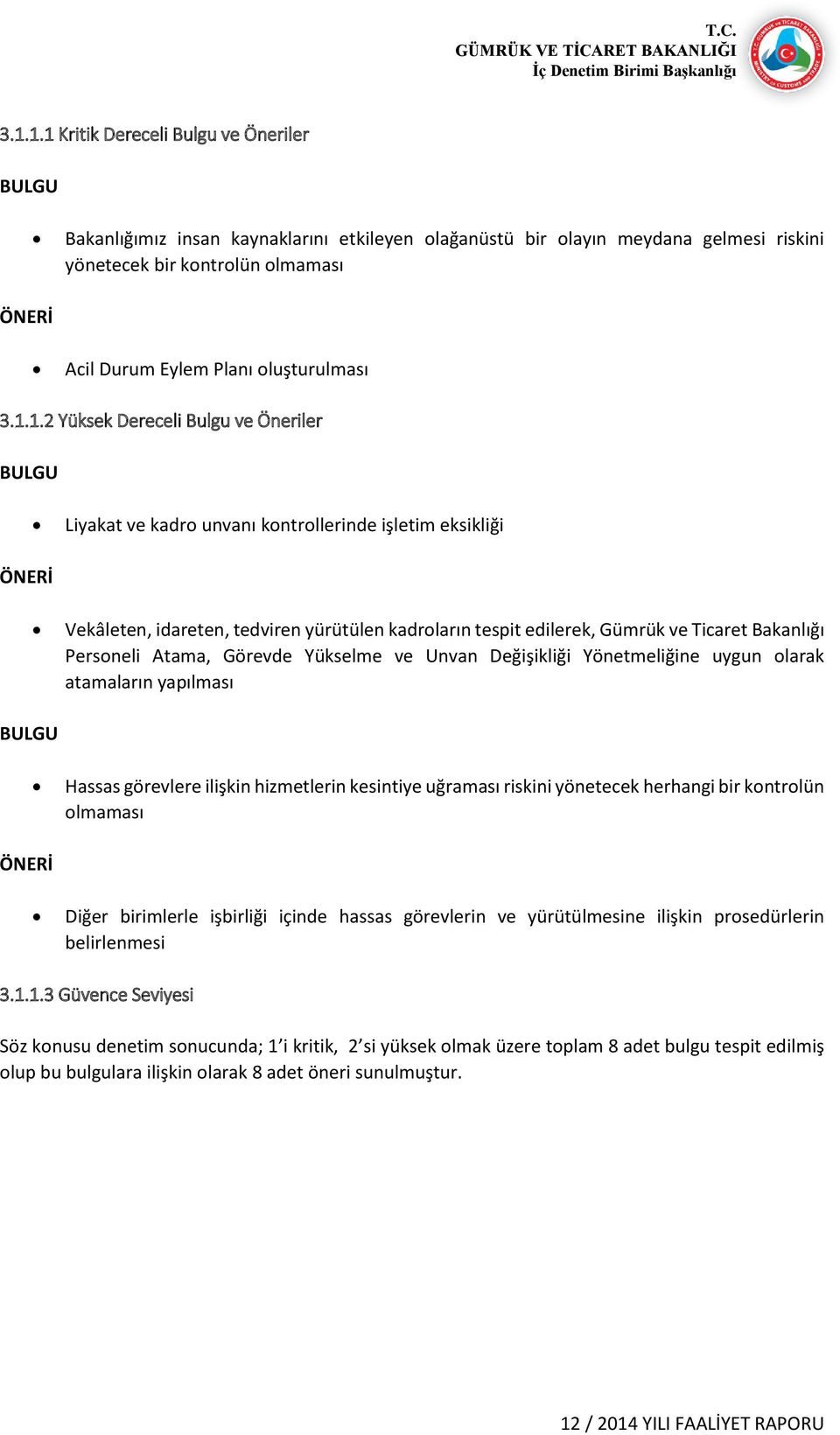 1.2 Yüksek Dereceli Bulgu ve Öneriler BULGU Liyakat ve kadro unvanı kontrollerinde işletim eksikliği ÖNERİ Vekâleten, idareten, tedviren yürütülen kadroların tespit edilerek, Gümrük ve Ticaret