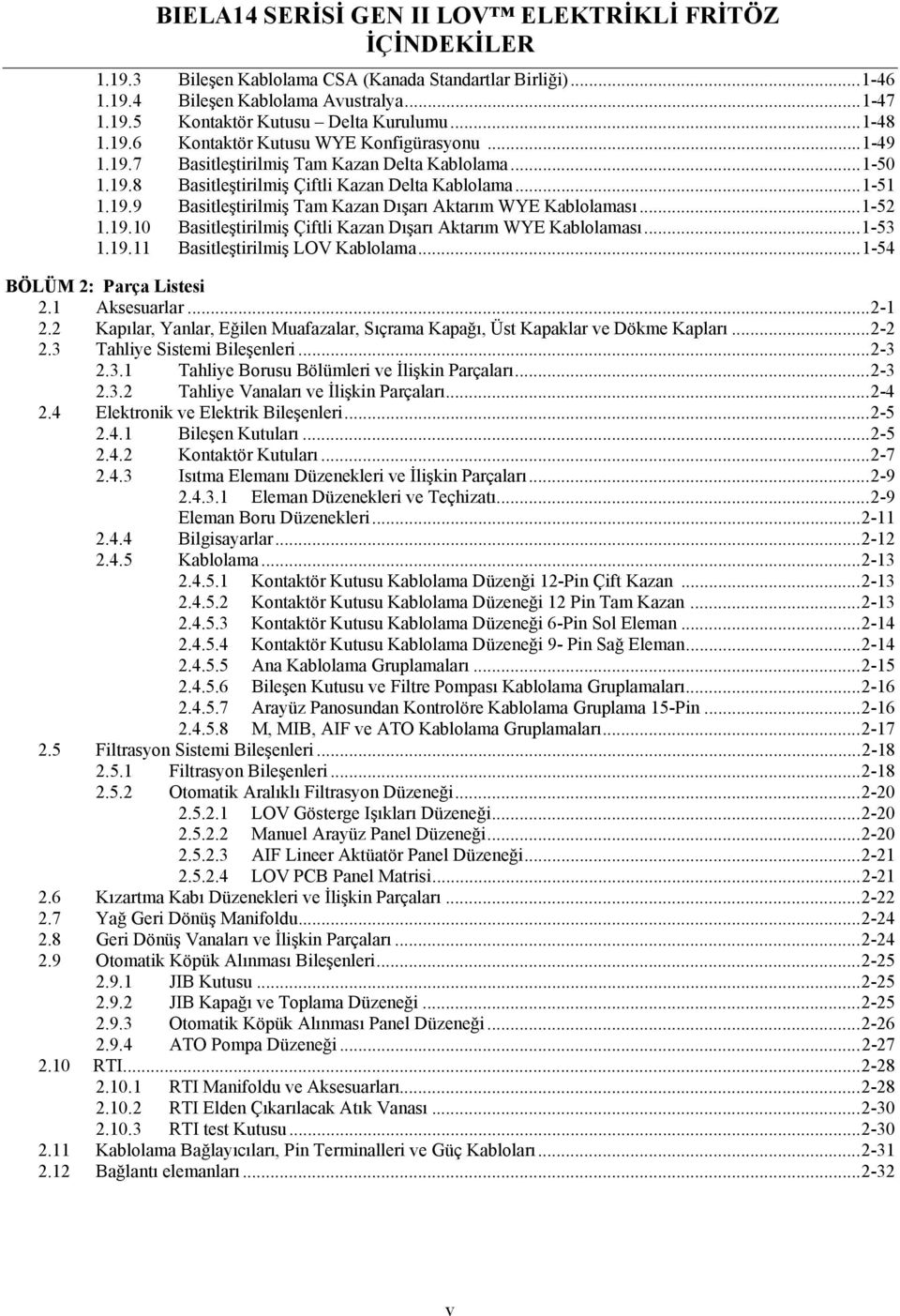 .. 1-52 1.19.10 Basitleştirilmiş Çiftli Kazan Dışarı Aktarım WYE Kablolaması... 1-53 1.19.11 Basitleştirilmiş LOV Kablolama... 1-54 BÖLÜM 2: Parça Listesi 2.1 Aksesuarlar... 2-1 2.