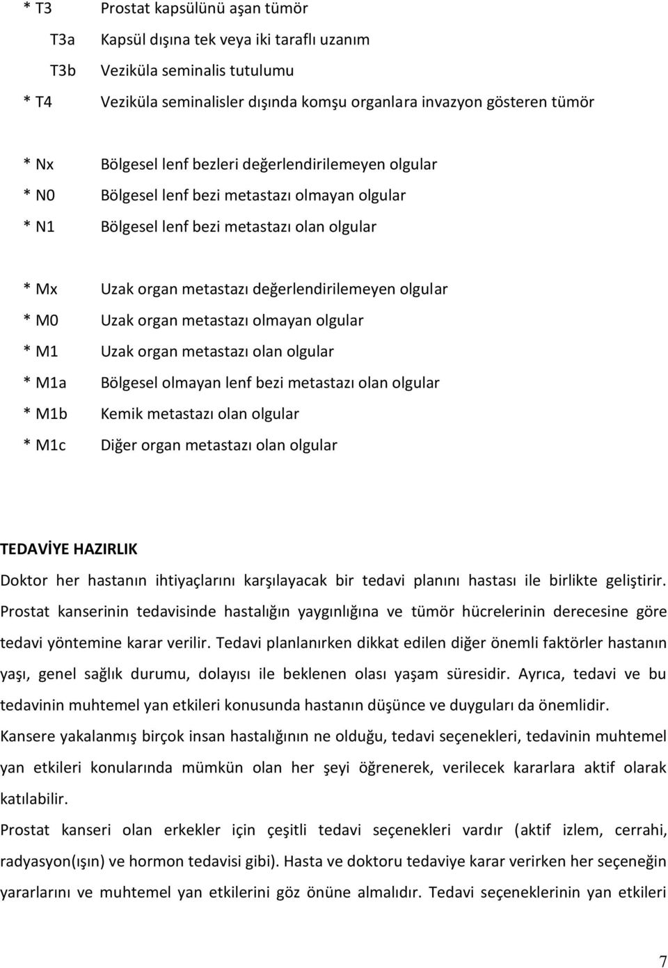 olgular * M0 Uzak organ metastazı olmayan olgular * M1 Uzak organ metastazı olan olgular * M1a Bölgesel olmayan lenf bezi metastazı olan olgular * M1b Kemik metastazı olan olgular * M1c Diğer organ