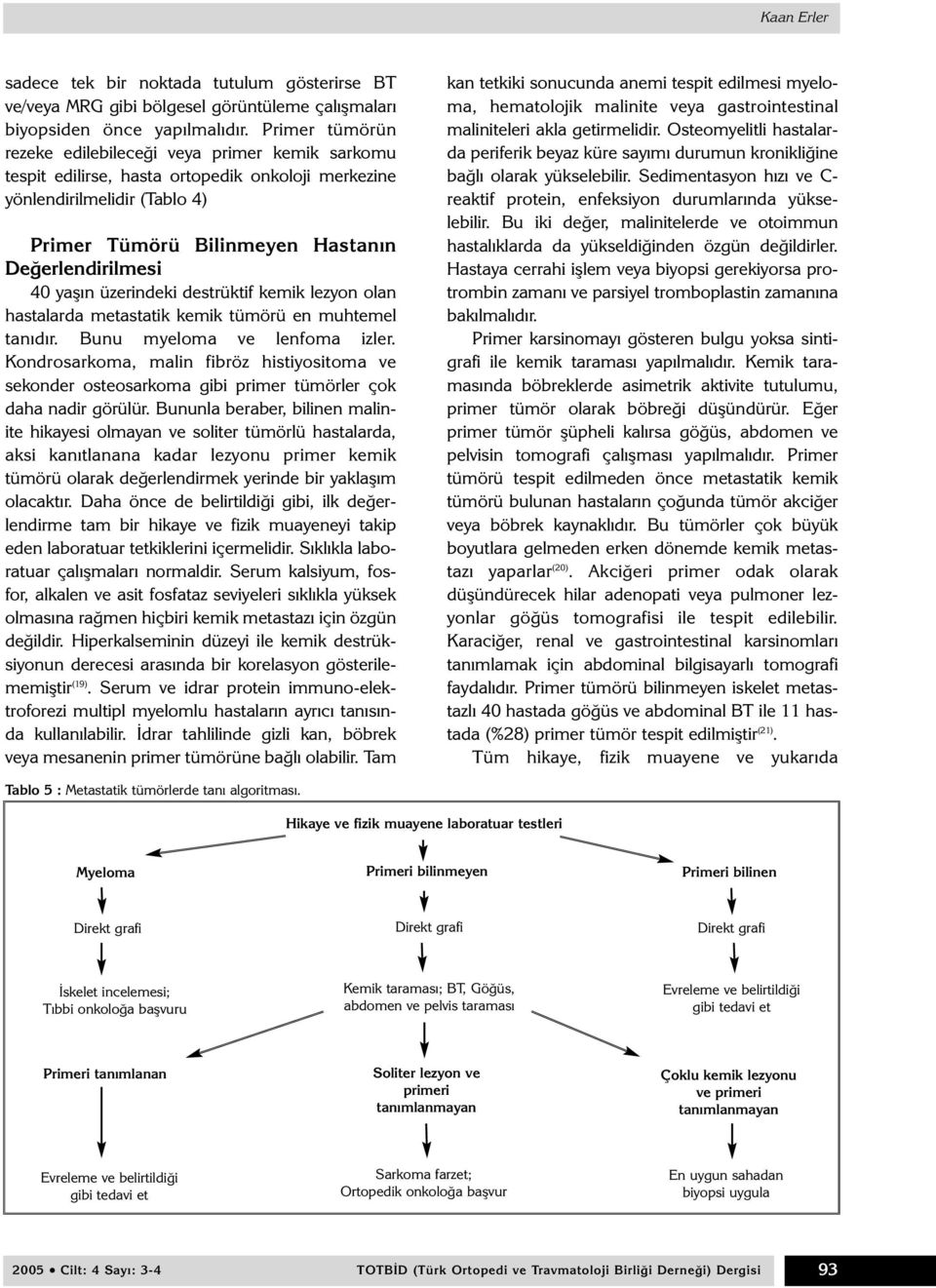 yaþýn üzerindeki destrüktif kemik lezyon olan hastalarda metastatik kemik tümörü en muhtemel tanýdýr. Bunu myeloma ve lenfoma izler.