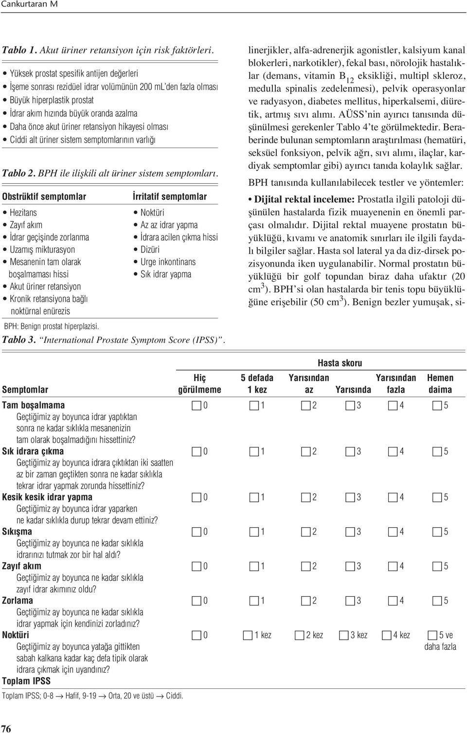 retansiyon hikayesi olmas Ciddi alt üriner sistem semptomlar n n varl Tablo 2. BPH ile ilişkili alt üriner sistem semptomlar.