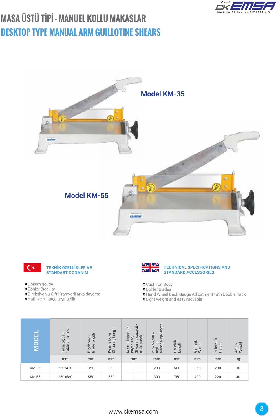 movable Tabla ölçüsü Table dimension Bıçak boyu Blade length Kesme boyu Shearing Kesme kapasitesi (siyah sac) Shearing capacity (mild steel) Arka dayama