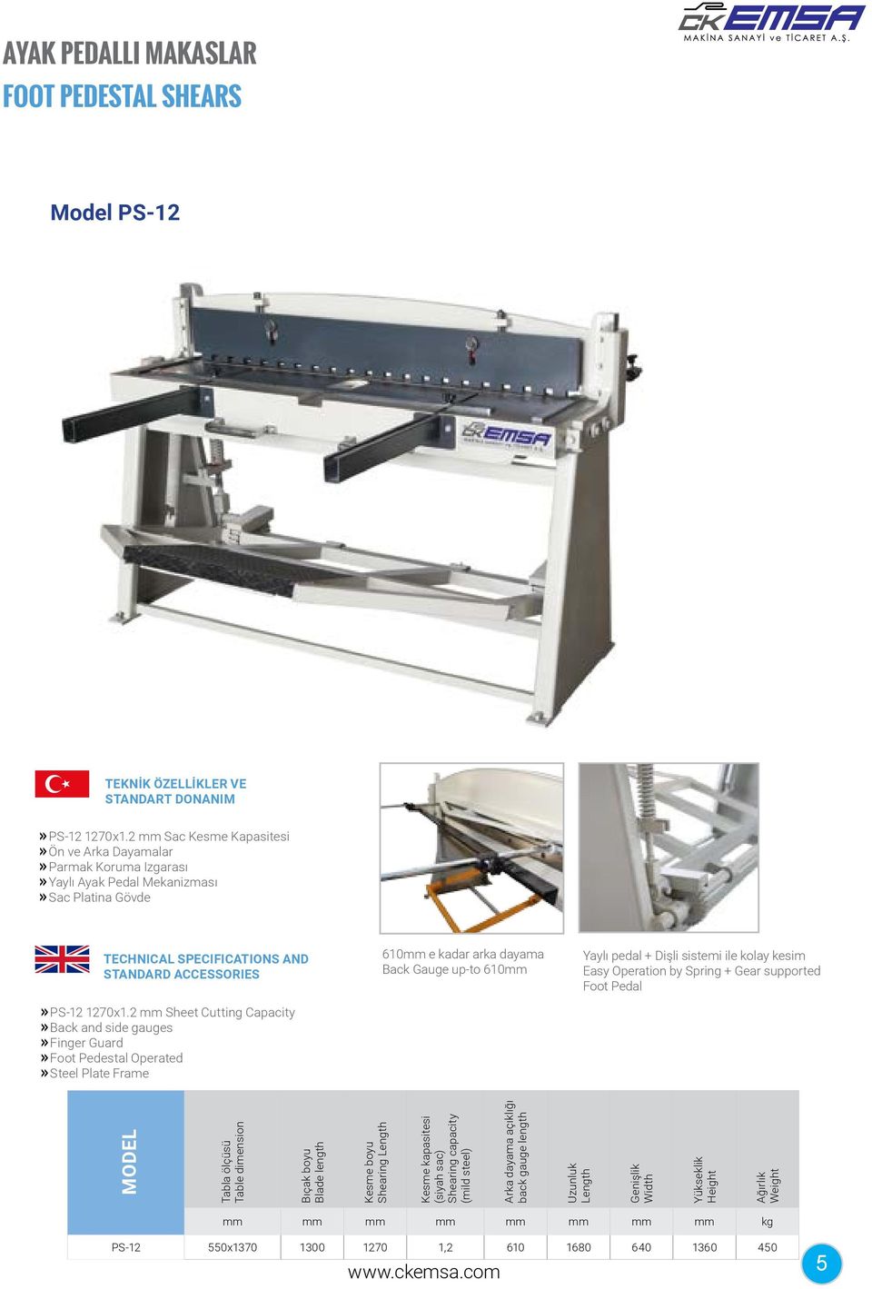 2 mm Sheet Cutting Capacity Back and side gauges Finger Guard Foot Pedestal Operated Steel Plate Frame 610mm e kadar arka dayama Back Gauge up-to 610mm Yaylı pedal + Dişli sistemi