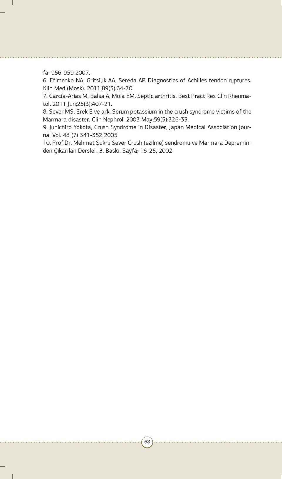 Serum potassium in the crush syndrome victims of the Marmara disaster. Clin Nephrol. 2003 May;59(5):326-33. 9.