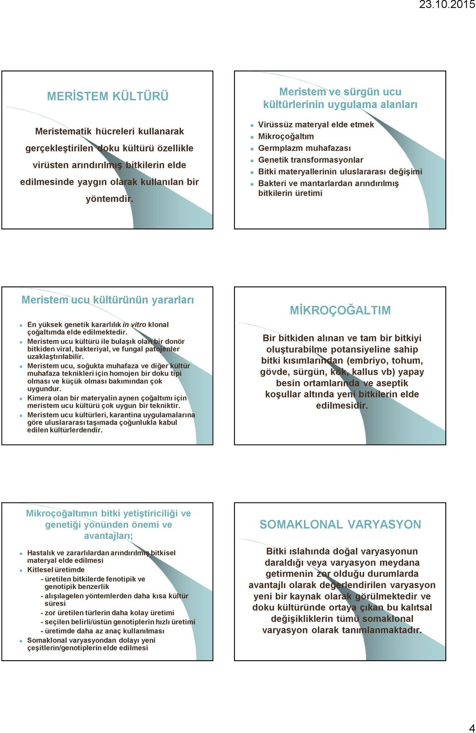 mantarlardan arındırılmış bitkilerin üretimi Meristem ucu kültürünün yararları En yüksek genetik kararlılık in vitro klonal çoğaltımda elde edilmektedir.