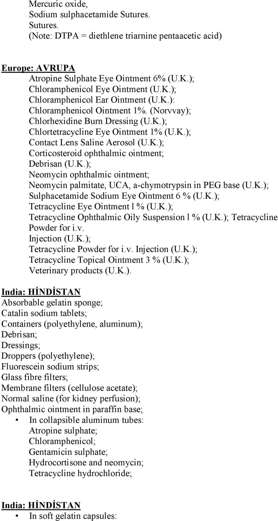 K.); Neomycin ophthalmic ointment; Neomycin palmitate, UCA, a-chymotrypsin in PEG base (U.K.); Sulphacetamide Sodium Eye Ointment 6 % (U.K.); Tetracycline Eye Ointment l % (U.K.); Tetracycline Ophthalmic Oily Suspension l % (U.